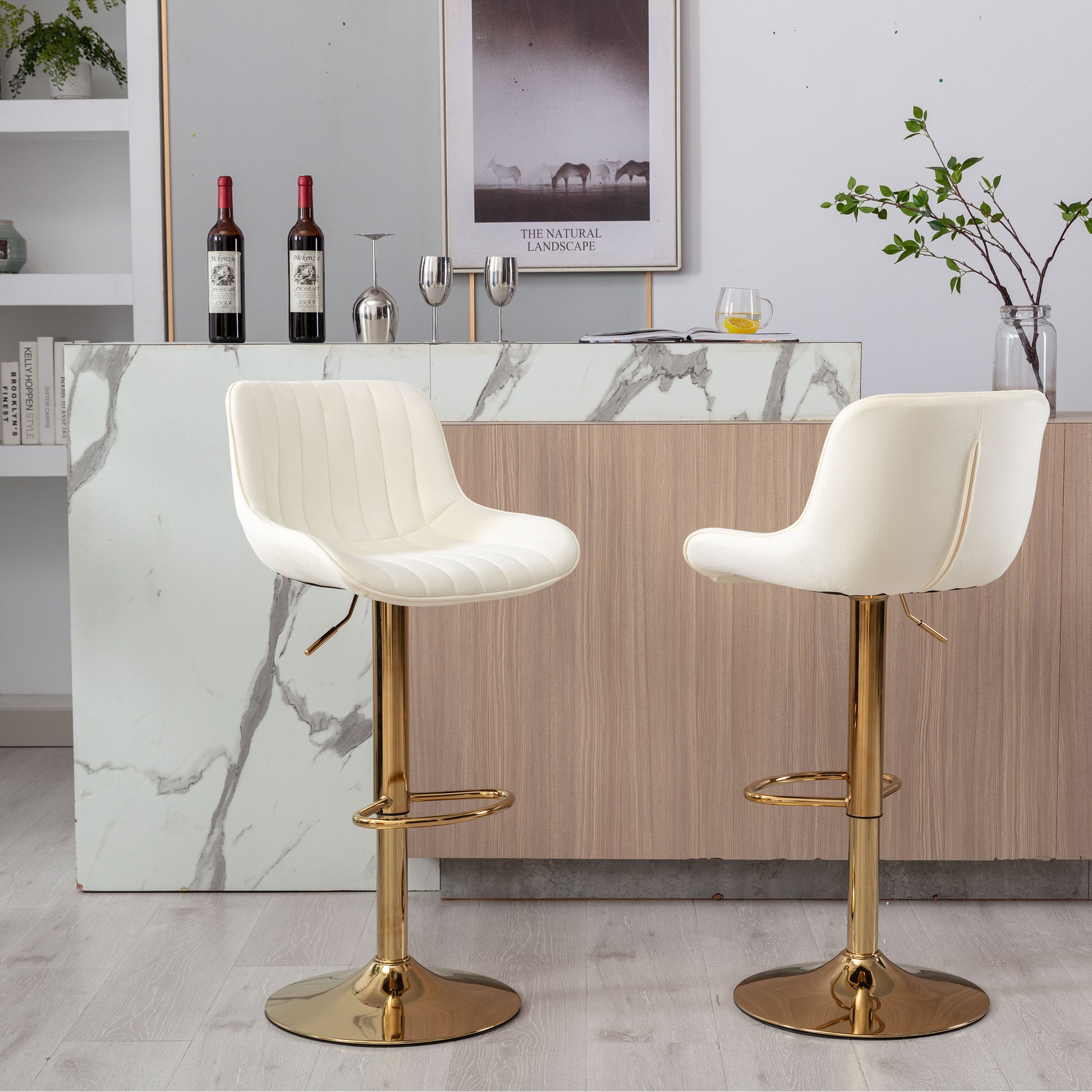 Chrome Footrest And Base Swivel Height Adjustable Mechanical Lifting Velvet Golden Leg Simple Bar Stool,Set Of 2,Ivory Ivory Foam Fabric