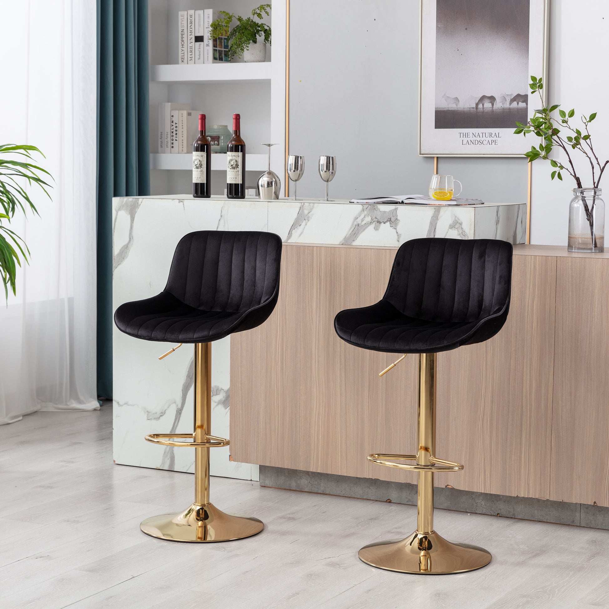 Chrome Footrest And Base Swivel Height Adjustable Mechanical Lifting Velvet Golden Leg Simple Bar Stool,Set Of 2,Black Black Foam Fabric