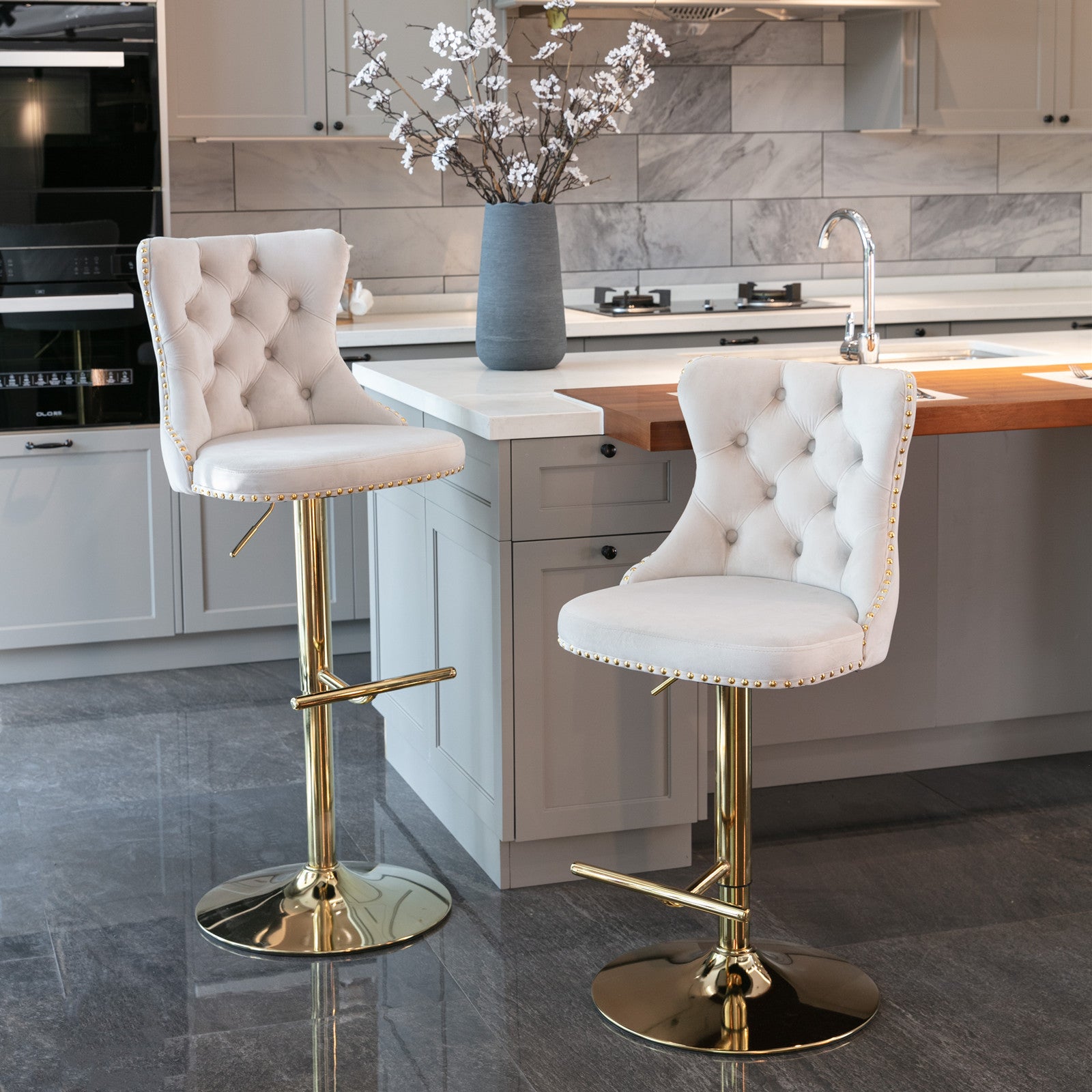 Golden Swivel Velvet Barstools Adjusatble Seat Height From 25 33 Inch,Modern Upholstered Bar Stools With Backs Comfortable Tufted For Home Pub And Kitchen Island,Beige,Set Of 2 Beige American Design Set Of 2 Foam Velvet