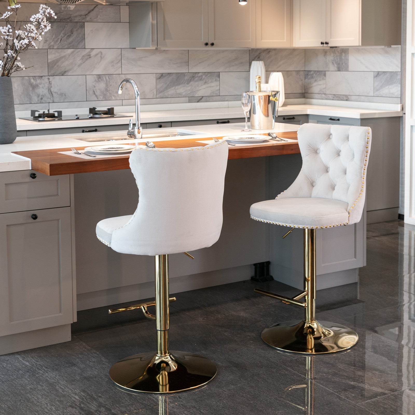 Golden Swivel Velvet Barstools Adjusatble Seat Height From 25 33 Inch,Modern Upholstered Bar Stools With Backs Comfortable Tufted For Home Pub And Kitchen Island,Beige,Set Of 2 Beige American Design Set Of 2 Foam Velvet