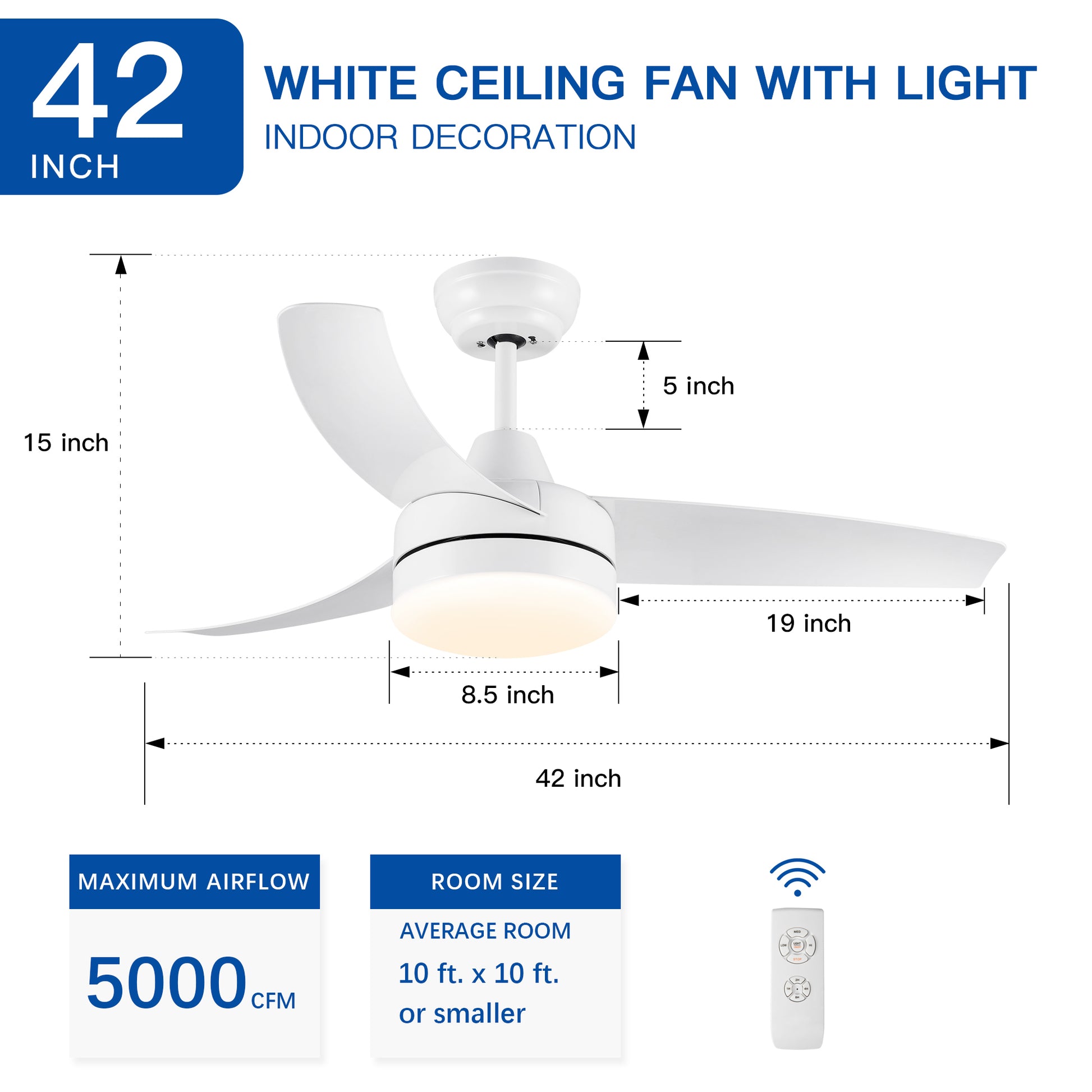 42 In Intergrated Led Ceiling Fan Lighting With White Abs Blade White Abs