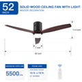 52 In.Intergrated Led Low Profile Ceiling Fan Lighting With Brown Solid Wood Blade Walnut Metal & Wood