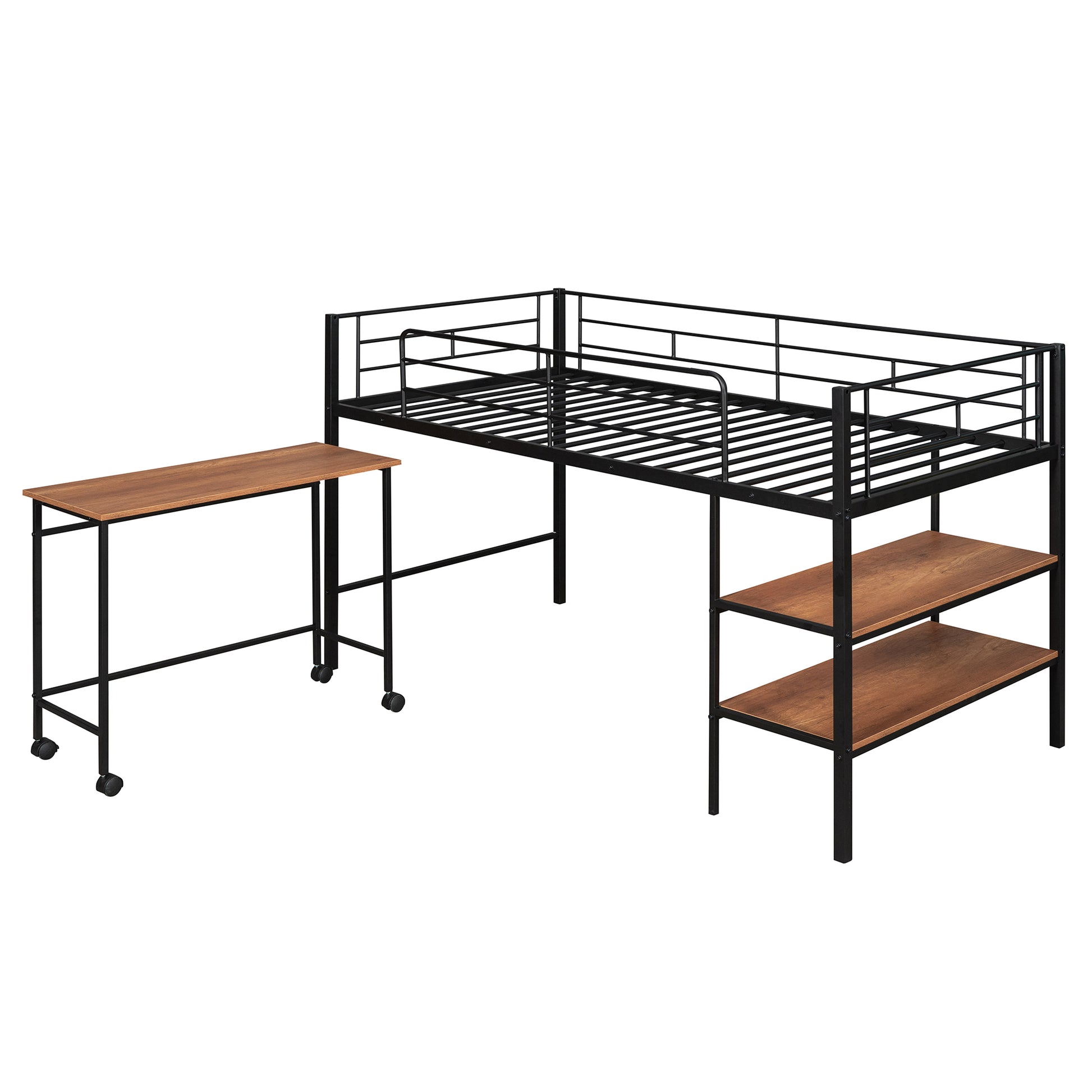 Twin Size Metal Loft Bed With Desk And Shelves,Black Twin Black Metal