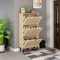 Natural Rattan 3 Door Shoe Rack, Freestanding Modern Shoe Storage Cabinet, For Entryway White Walnut Particle Board