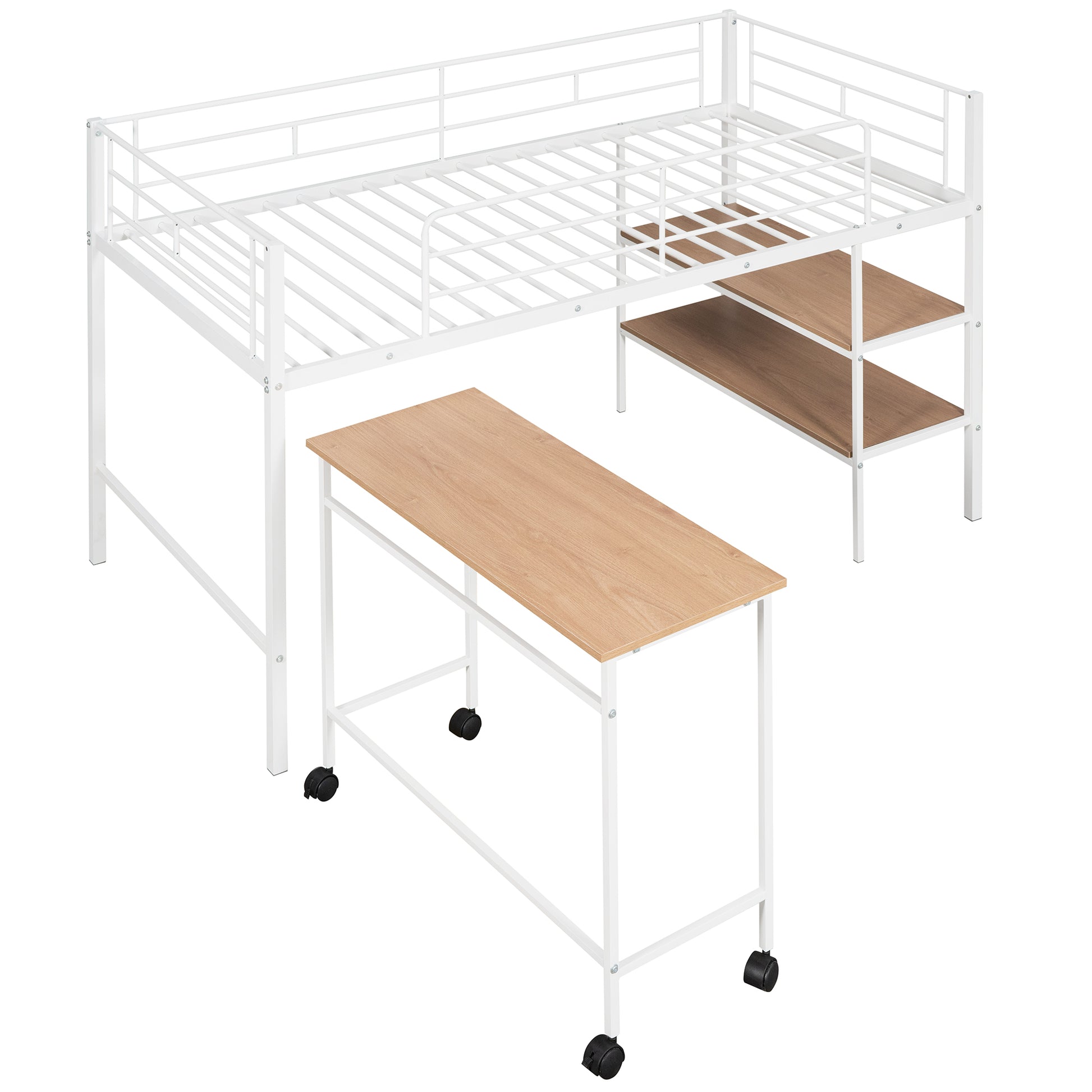 Twin Size Metal Loft Bed With Desk And Shelves,White Twin White Metal