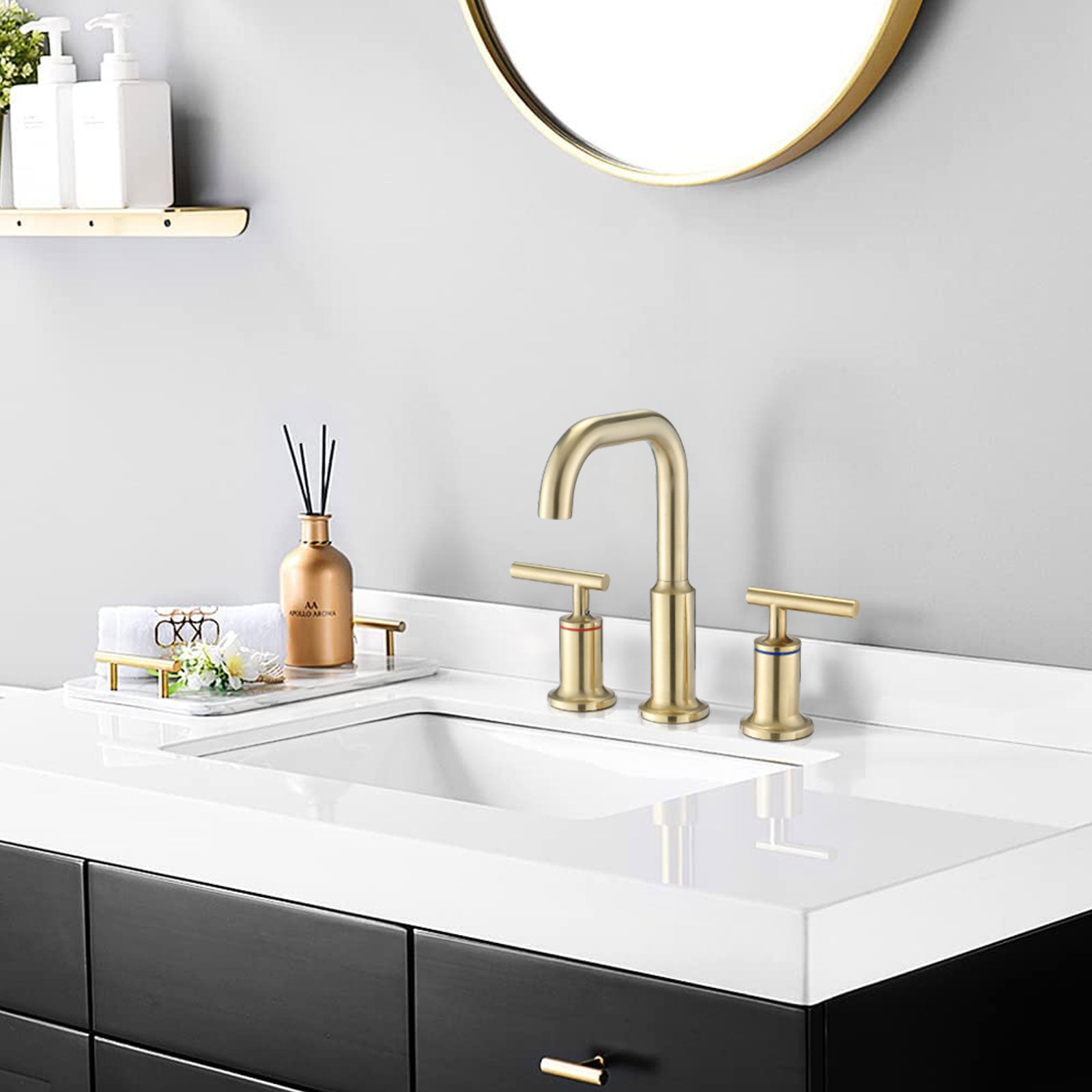 Widespread Bathroom Faucet 3 Hole 2 Handle Vanity Sink Faucet, Brushed Golden Brushed Gold Brass