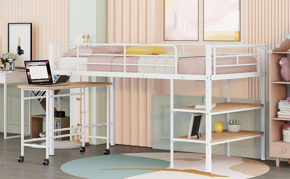 Twin Size Metal Loft Bed With Desk And Shelves,White Twin White Metal
