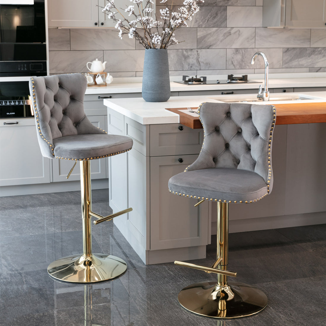 Golden Swivel Velvet Barstools Adjusatble Seat Height From 25 33 Inch, Modern Upholstered Bar Stools With Backs Comfortable Tufted For Home Pub And Kitchen Island Gray,Set Of 2 Gray Foam Velvet