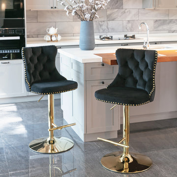 Golden Swivel Velvet Barstools Adjusatble Seat Height From 25 33 Inch, Modern Upholstered Bar Stools With Backs Comfortable Tufted For Home Pub And Kitchen Island Black,Set Of 2 Black Foam Velvet