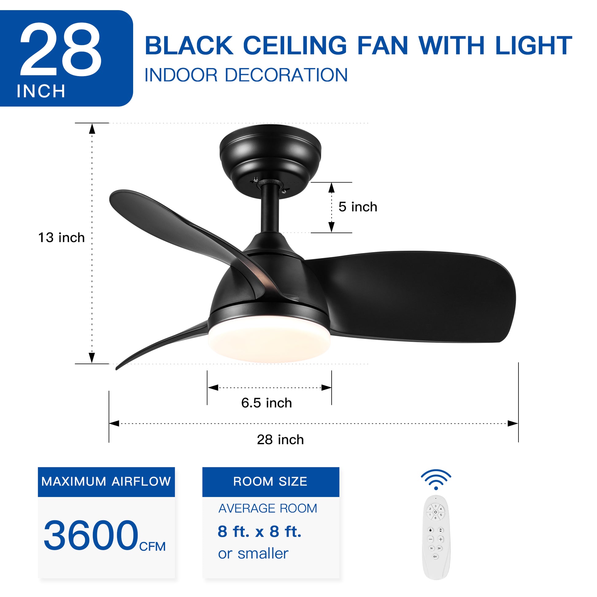 28 In Intergrated Led Ceiling Fan Lighting With Black Abs Blade Black Abs