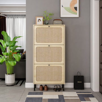 Natural Rattan 3 Door Shoe Rack, Freestanding Modern Shoe Storage Cabinet, For Entryway White Walnut Particle Board