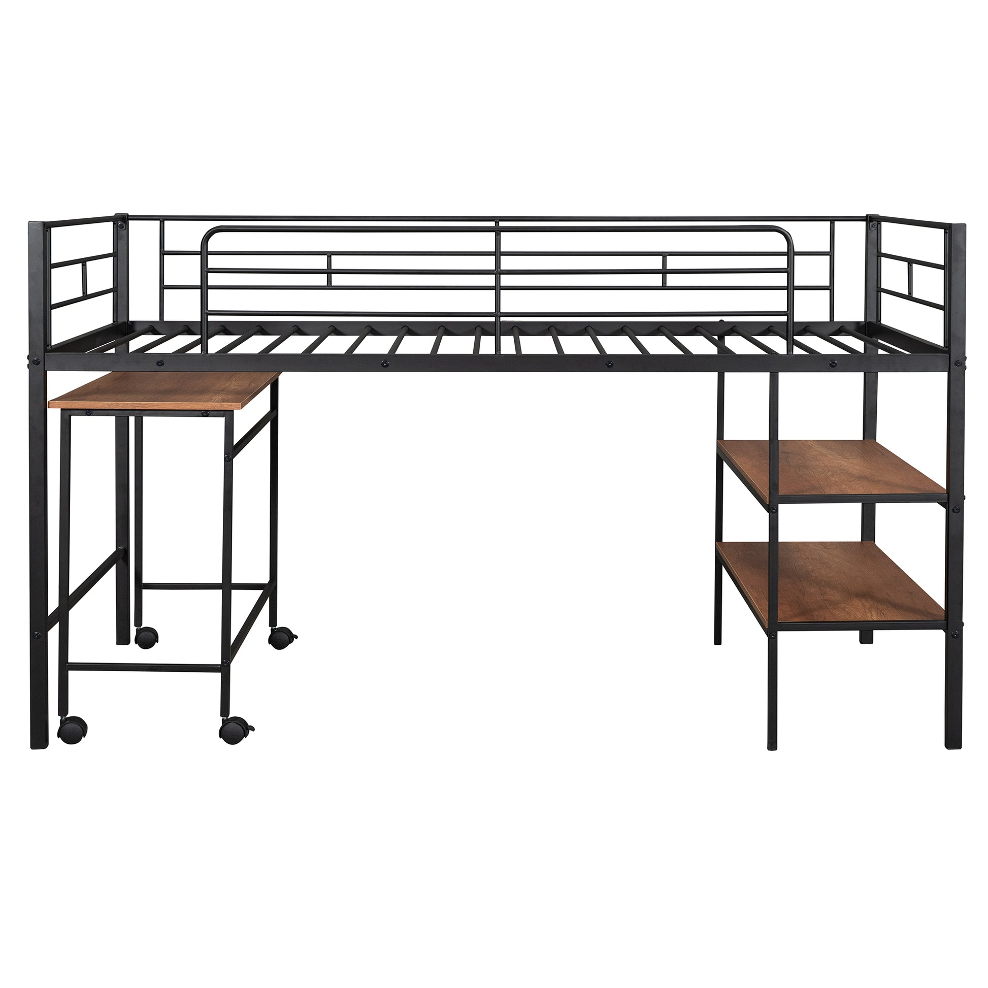 Twin Size Metal Loft Bed With Desk And Shelves,Black Twin Black Metal