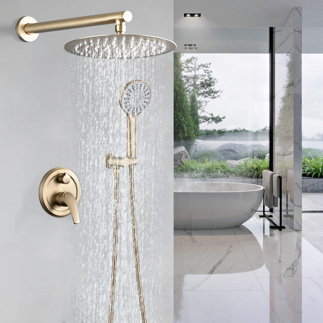 10 Inches Wall Mounted Shower With High Pressure Rain Shower Head And 5 Function Handheld Shower Head Brushed Gold Stainless Steel