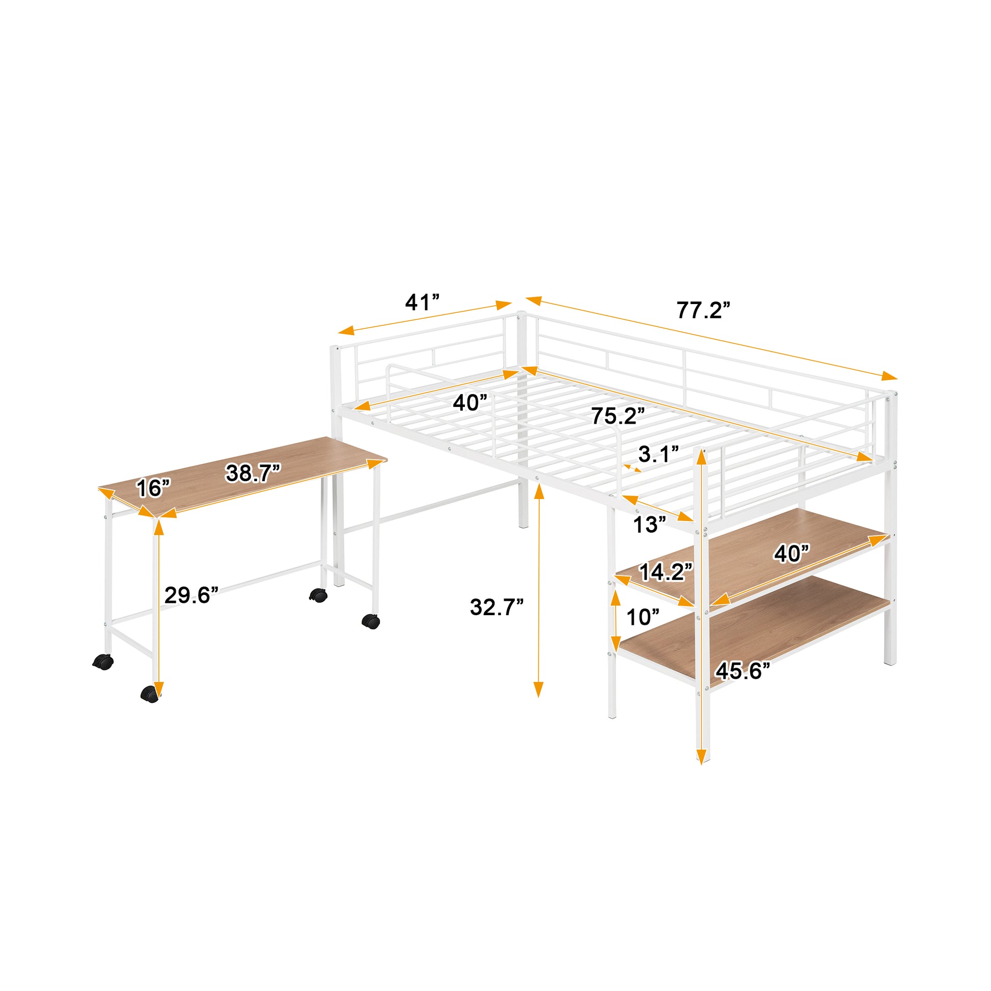 Twin Size Metal Loft Bed With Desk And Shelves,White Twin White Metal