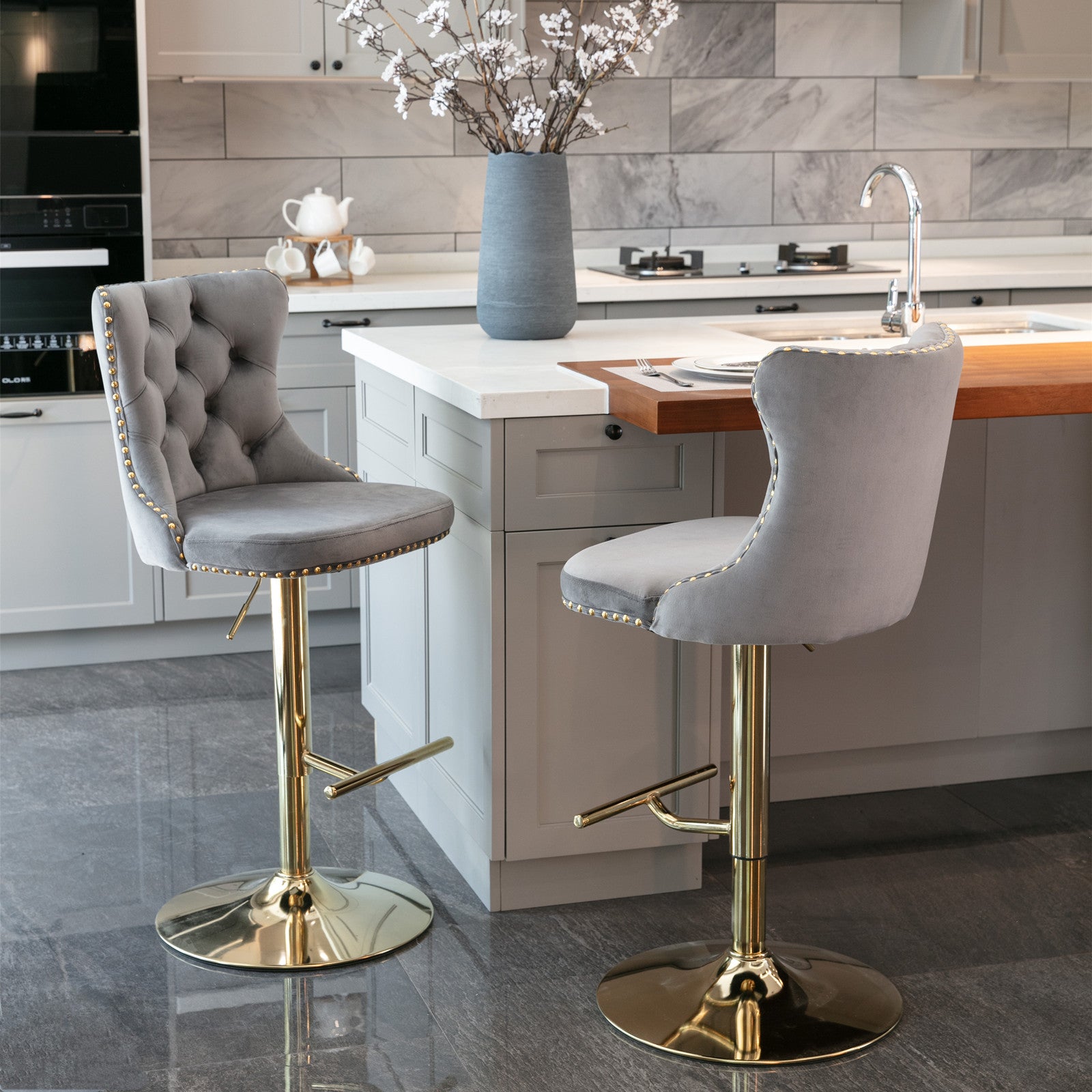 Golden Swivel Velvet Barstools Adjusatble Seat Height From 25 33 Inch, Modern Upholstered Bar Stools With Backs Comfortable Tufted For Home Pub And Kitchen Island Gray,Set Of 2 Gray Foam Velvet