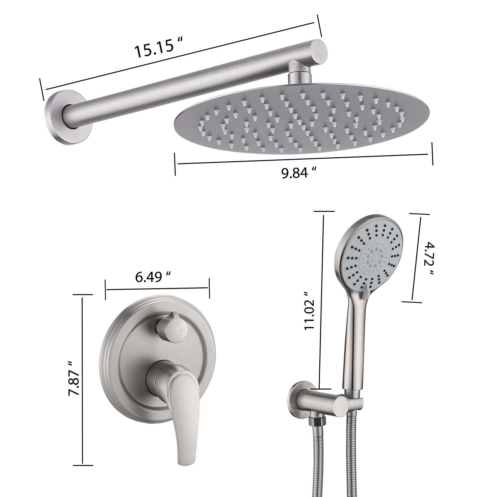 10 Inches Wall Mounted Shower With High Pressure Rain Shower Head And 5 Function Handheld Shower Head Brushed Nickel Stainless Steel