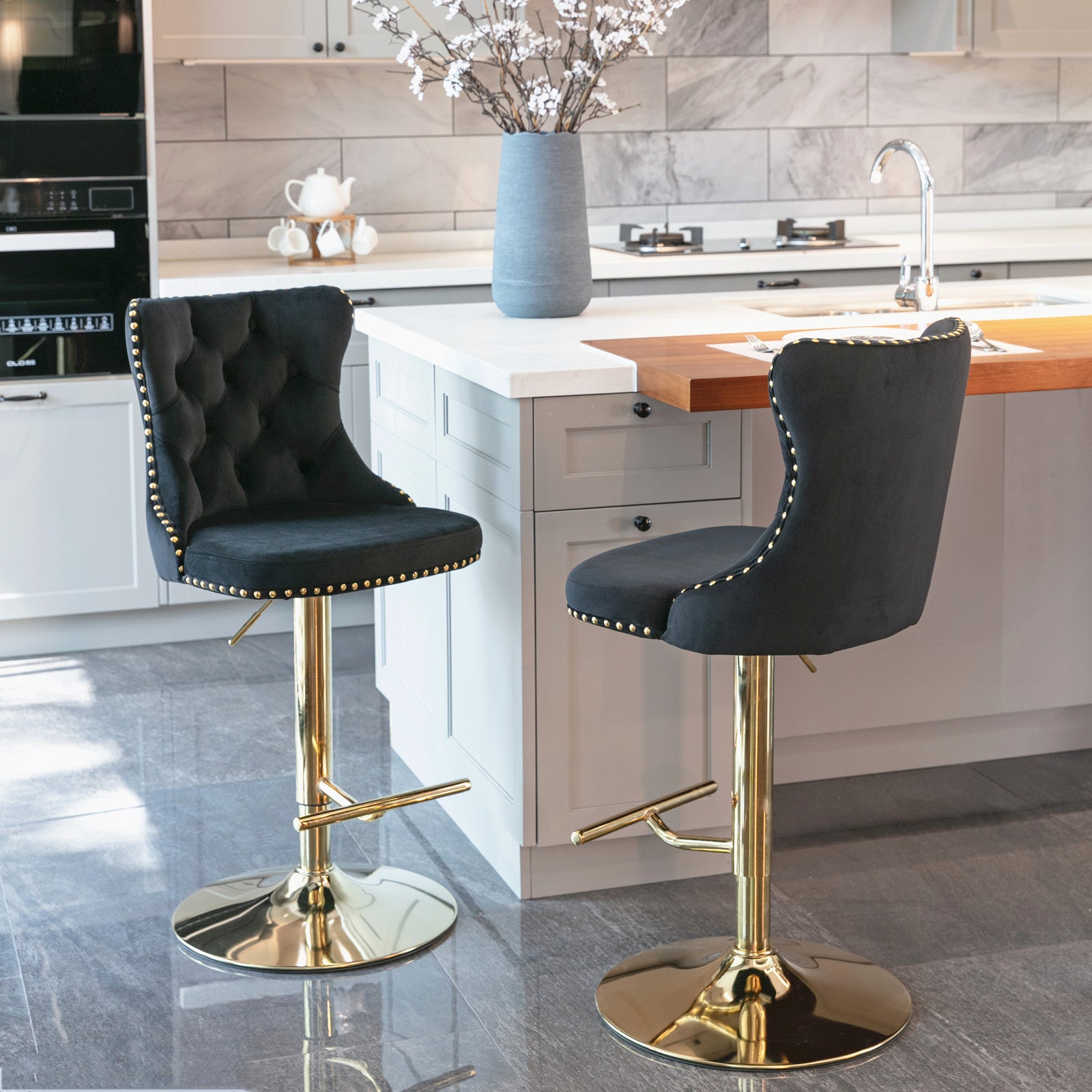 Golden Swivel Velvet Barstools Adjusatble Seat Height From 25 33 Inch, Modern Upholstered Bar Stools With Backs Comfortable Tufted For Home Pub And Kitchen Island Black,Set Of 2 Black Foam Velvet