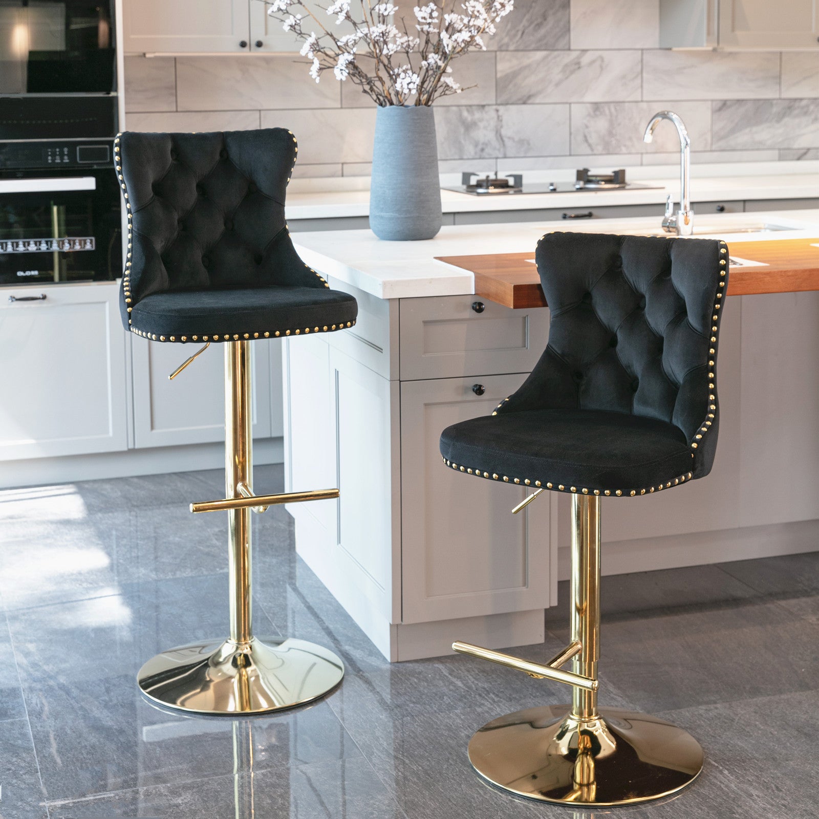 Golden Swivel Velvet Barstools Adjusatble Seat Height From 25 33 Inch, Modern Upholstered Bar Stools With Backs Comfortable Tufted For Home Pub And Kitchen Island Black,Set Of 2 Black Foam Velvet