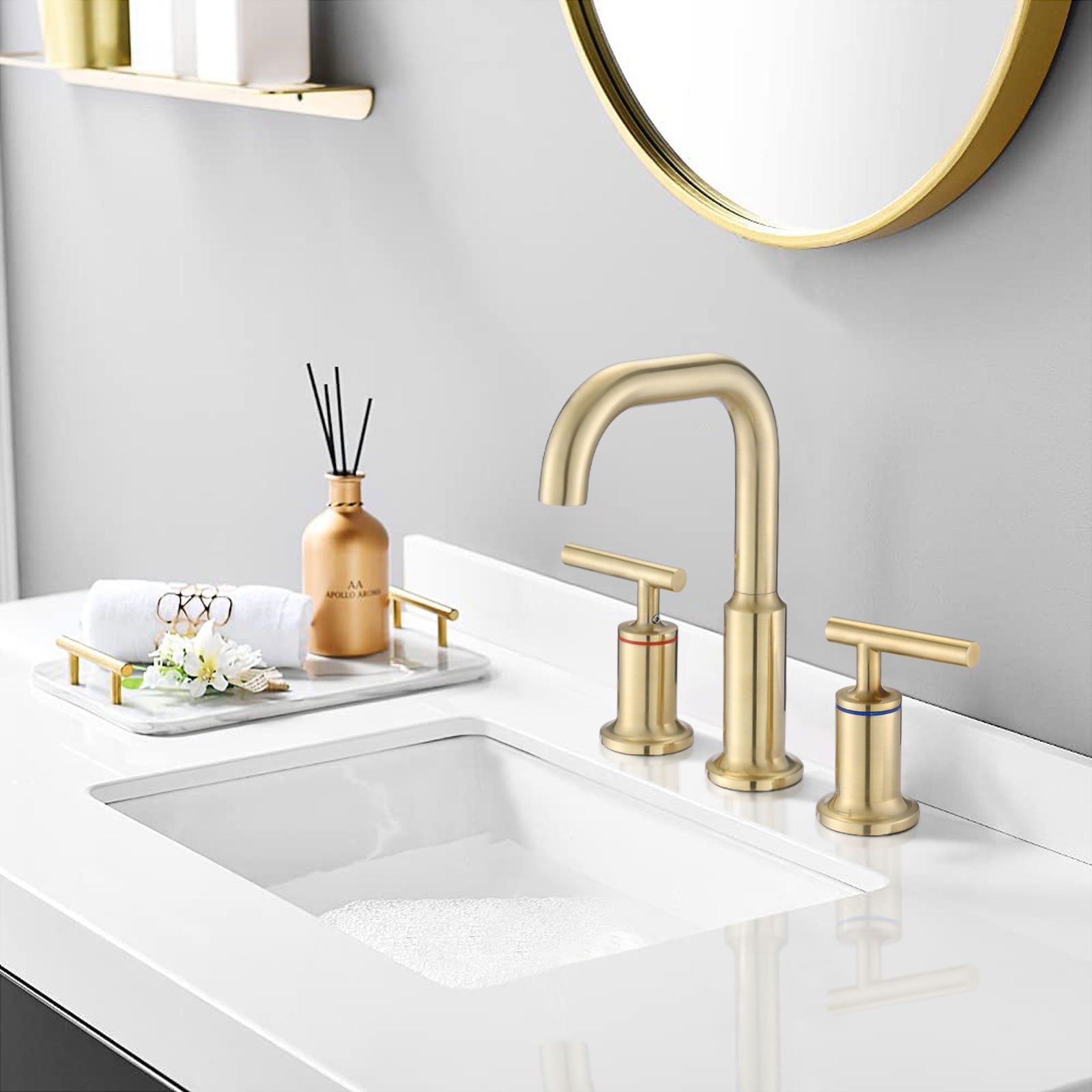 Widespread Bathroom Faucet 3 Hole 2 Handle Vanity Sink Faucet, Brushed Golden Brushed Gold Brass