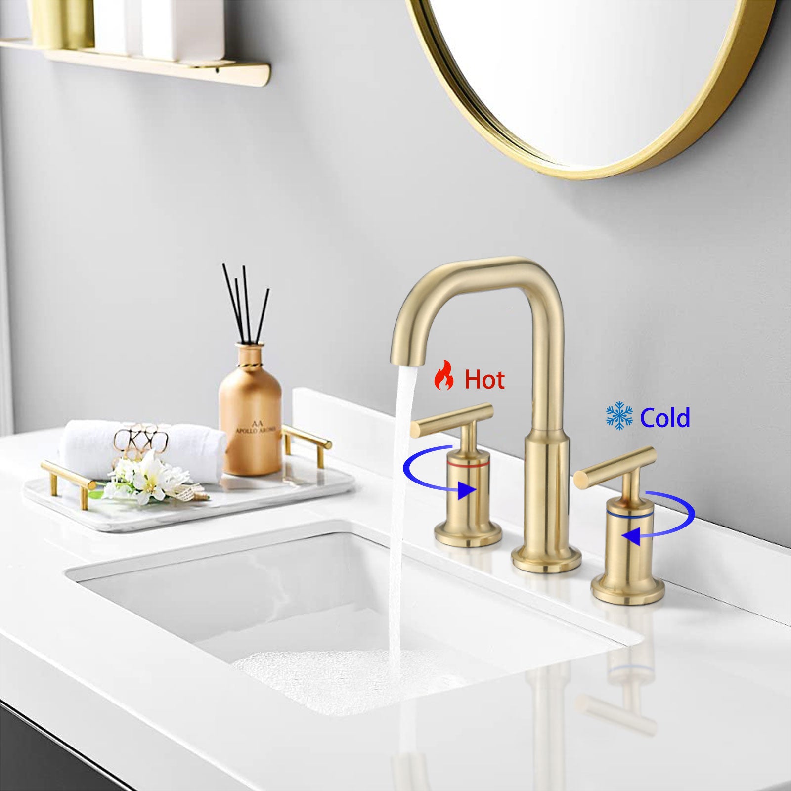 Hurran Brushed Gold Widespread Bathroom Faucet – 3-Hole Waterfall Sink Tap With Drain