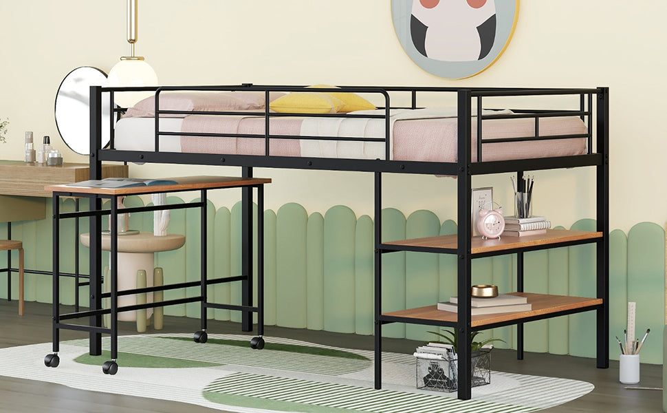 Twin Size Metal Loft Bed With Desk And Shelves,Black Twin Black Metal