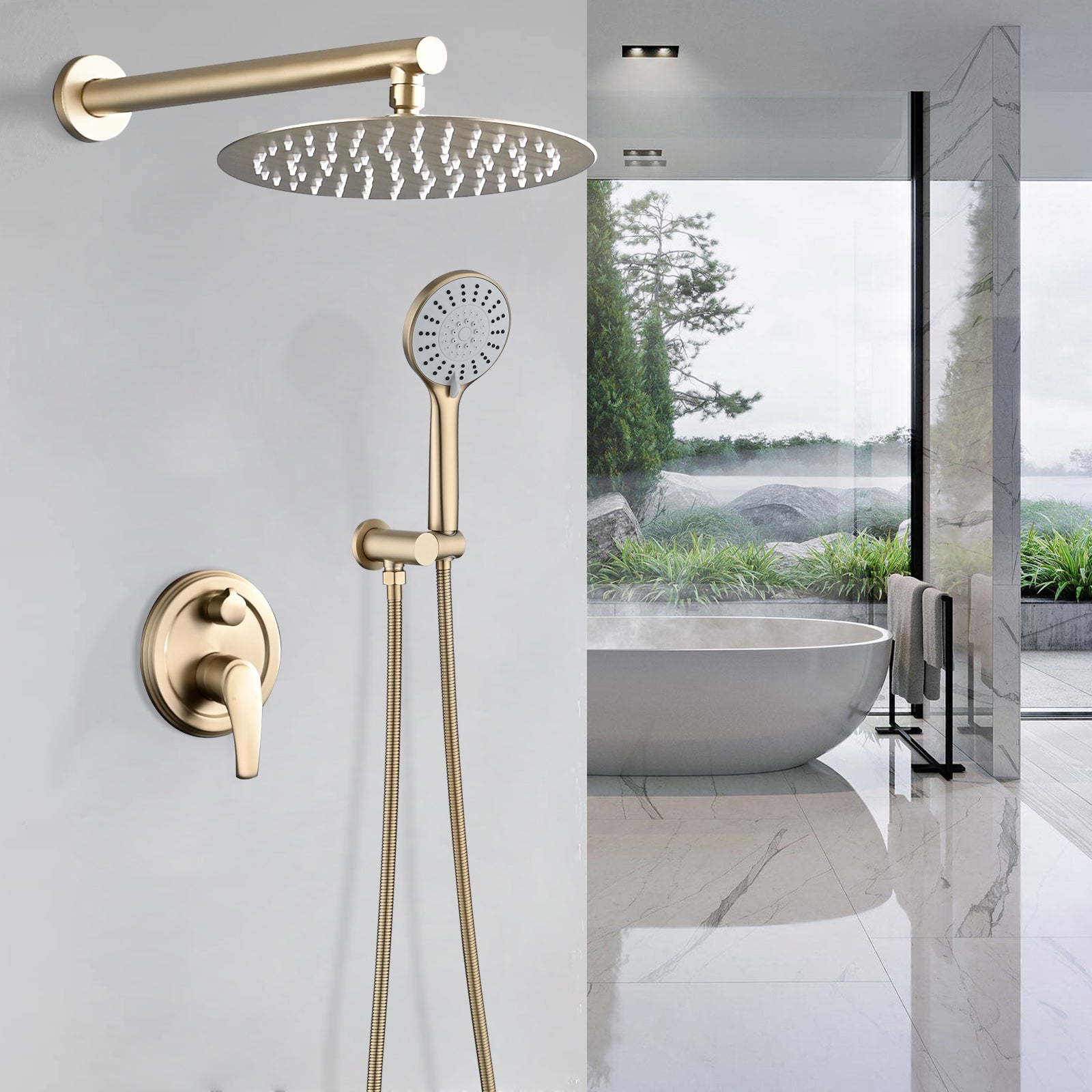 10 Inches Wall Mounted Shower With High Pressure Rain Shower Head And 5 Function Handheld Shower Head Brushed Gold Stainless Steel