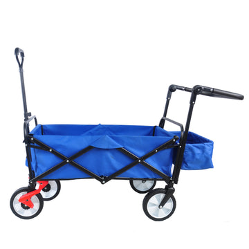 Folding Wagon Collapsible Outdoor Utility Wagon, Heavy Duty Folding Garden Portable Hand Cart, Drink Holder, Adjustable Handles Blue Steel