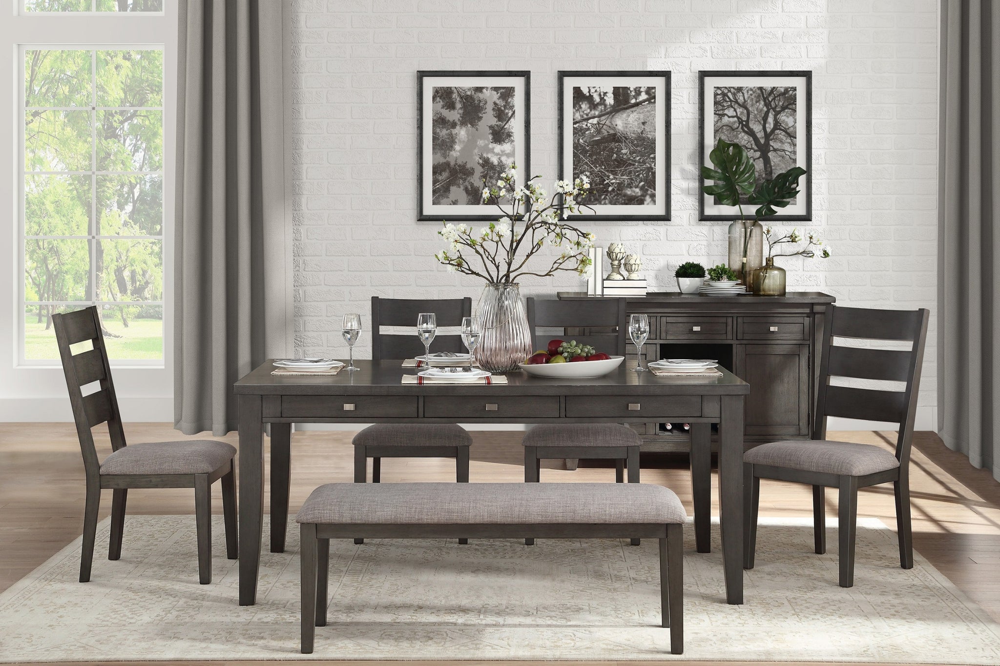 Gray Finish 6pc Dining Set Table with 6x Drawers and wood-gray-seats 6-wood-dining room-bench