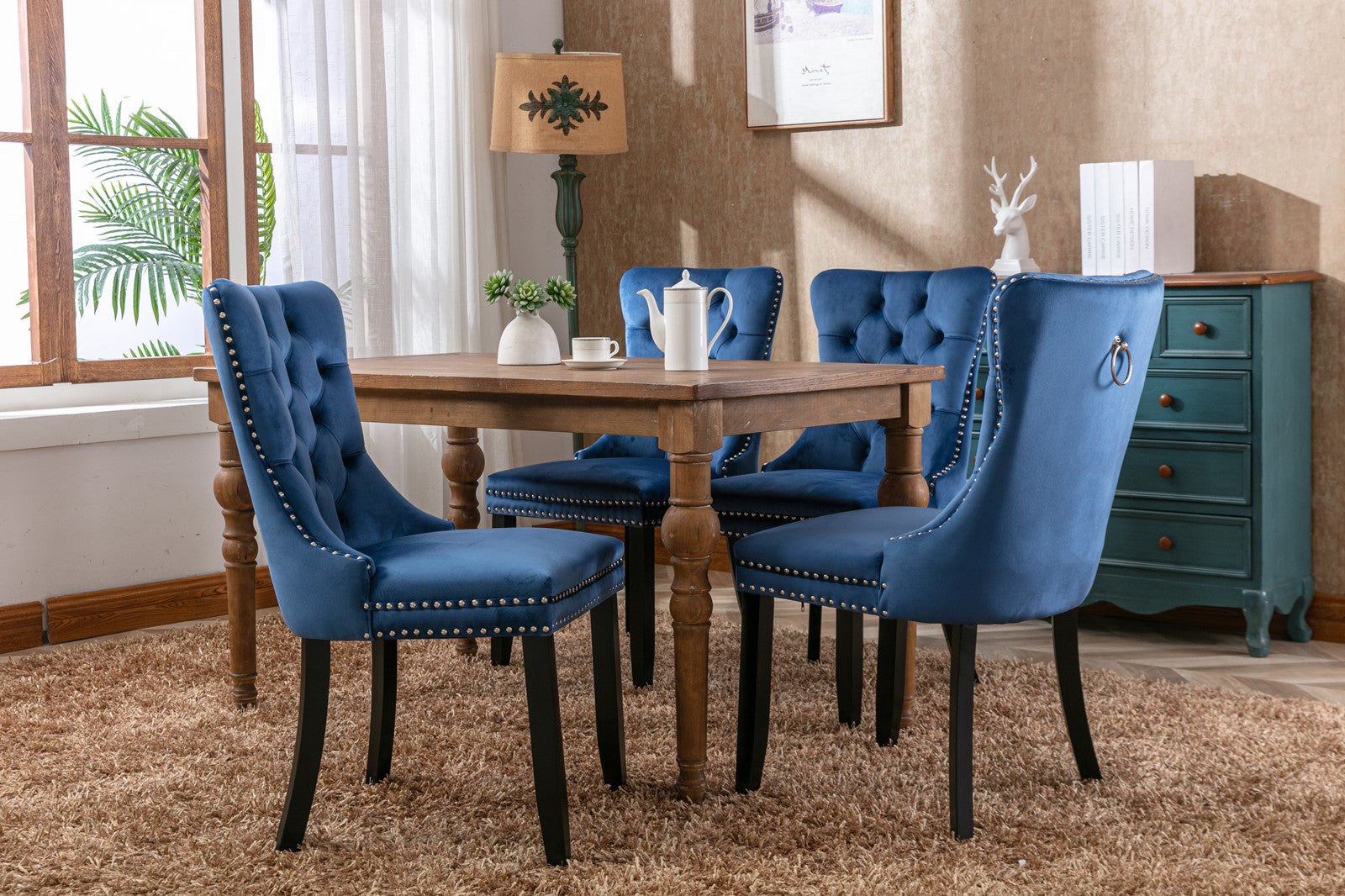 Nikki Collection Modern, High End Tufted Solid Wood Contemporary Velvet Upholstered Dining Chair With Wood Legs Trim 2 Pcs Set,Blue, Sw2001Bl Blue Dining Room American Design Dining Chairs Rubberwood Foam Velvet