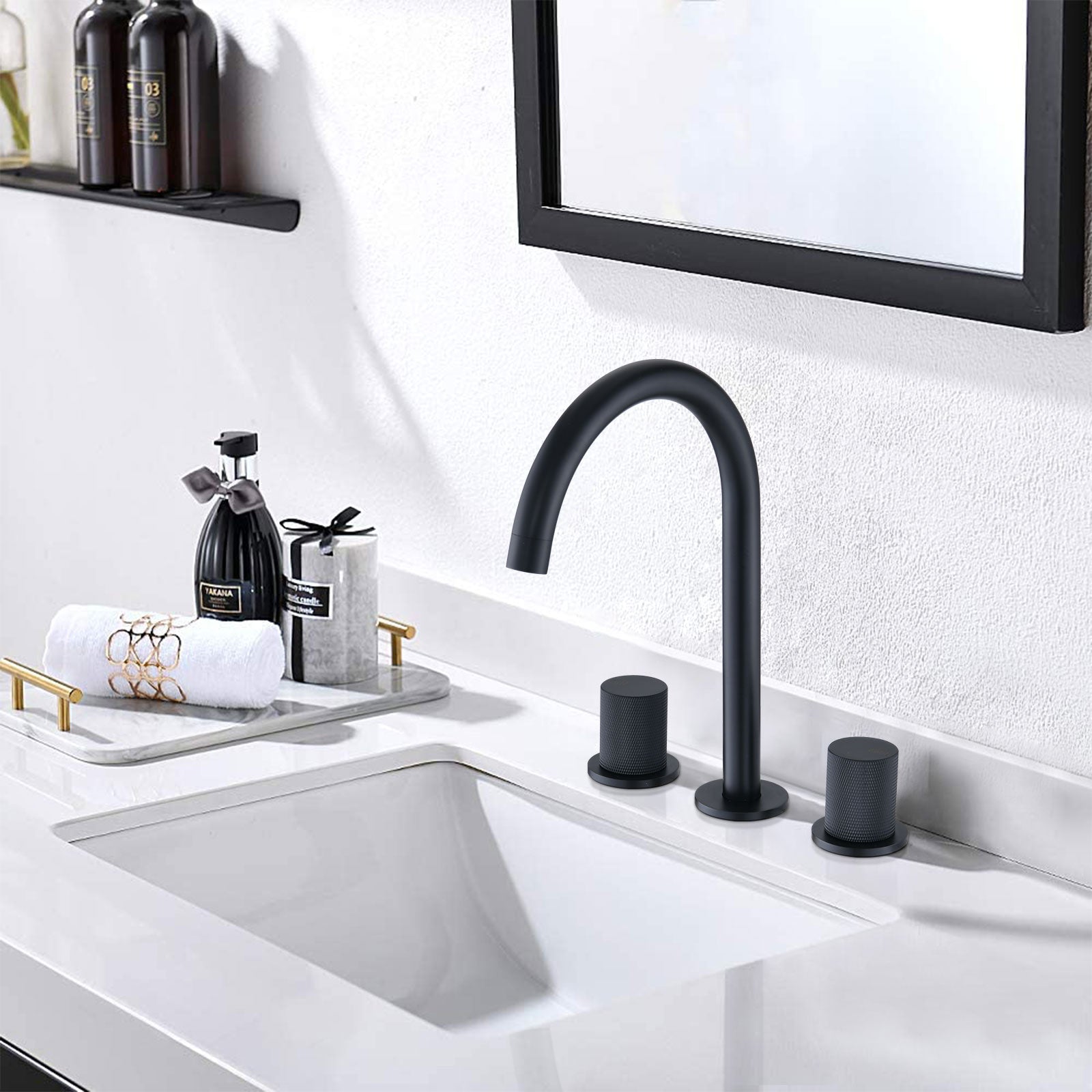 Two Handles Widespread 8 Inch Bathroom Faucet, Matte Black Matte Black Brass