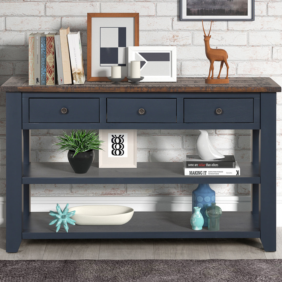 48'' Solid Pine Wood Top Console Table, Modern Entryway Sofa Side Table With 3 Storage Drawers And 2 Shelves. Easy To Assemble Blue Blue Pine