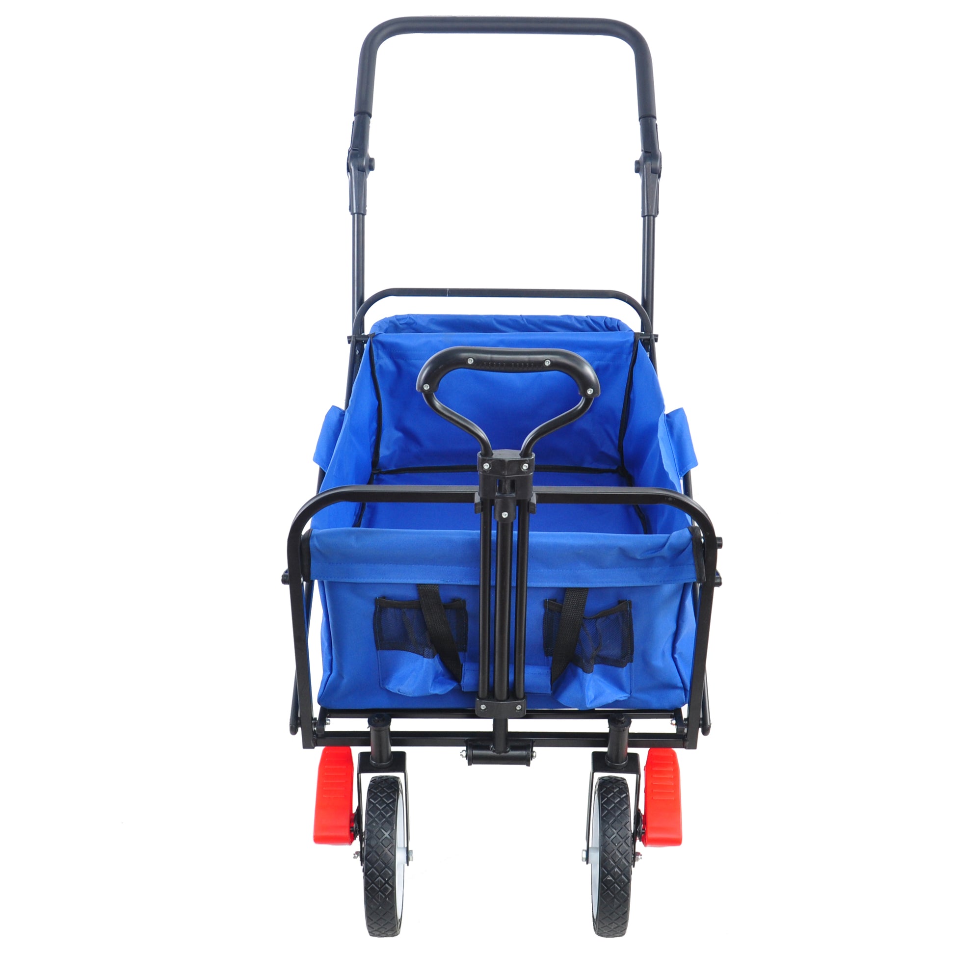 Folding Wagon Collapsible Outdoor Utility Wagon, Heavy Duty Folding Garden Portable Hand Cart, Drink Holder, Adjustable Handles Blue Steel