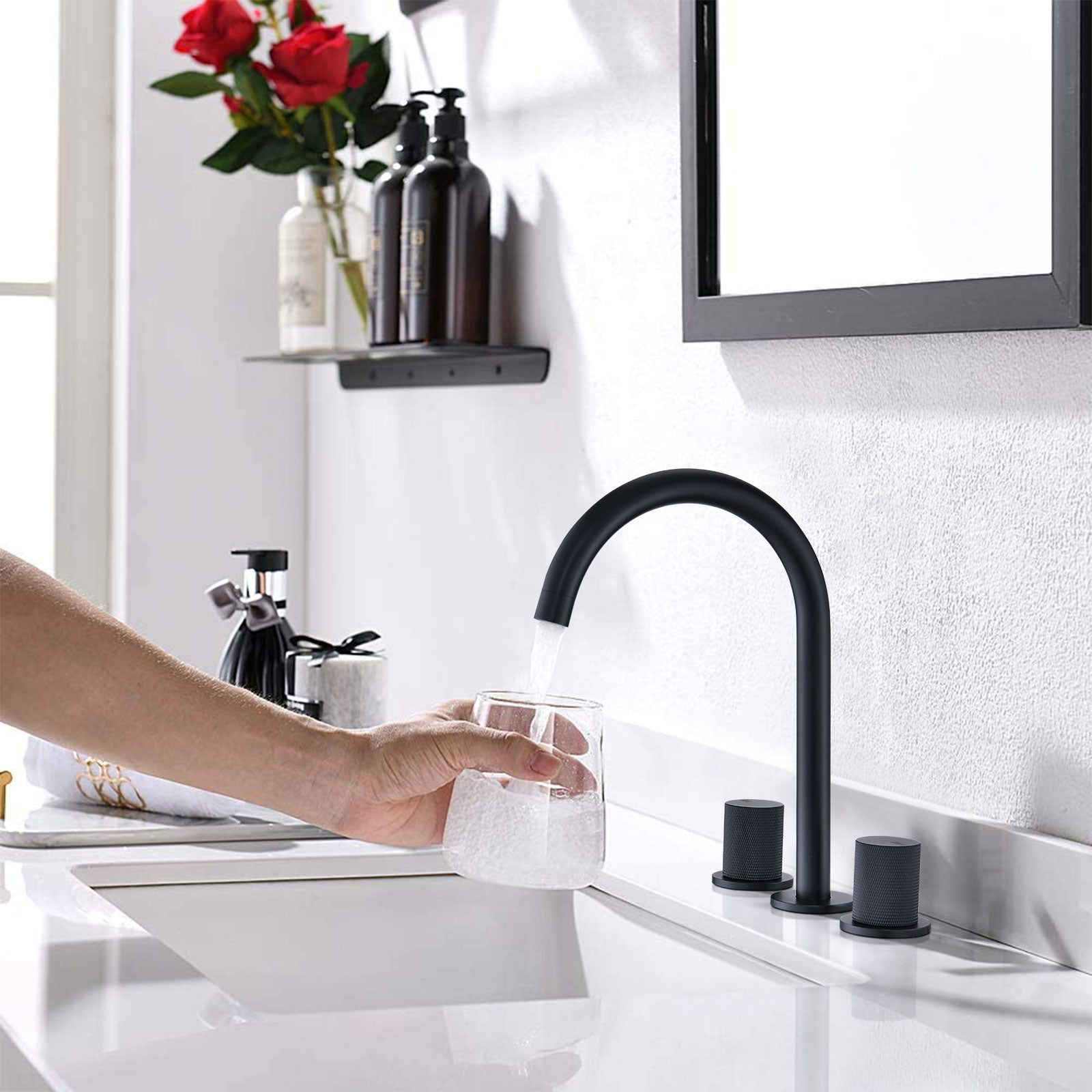 Two Handles Widespread 8 Inch Bathroom Faucet, Matte Black Matte Black Brass