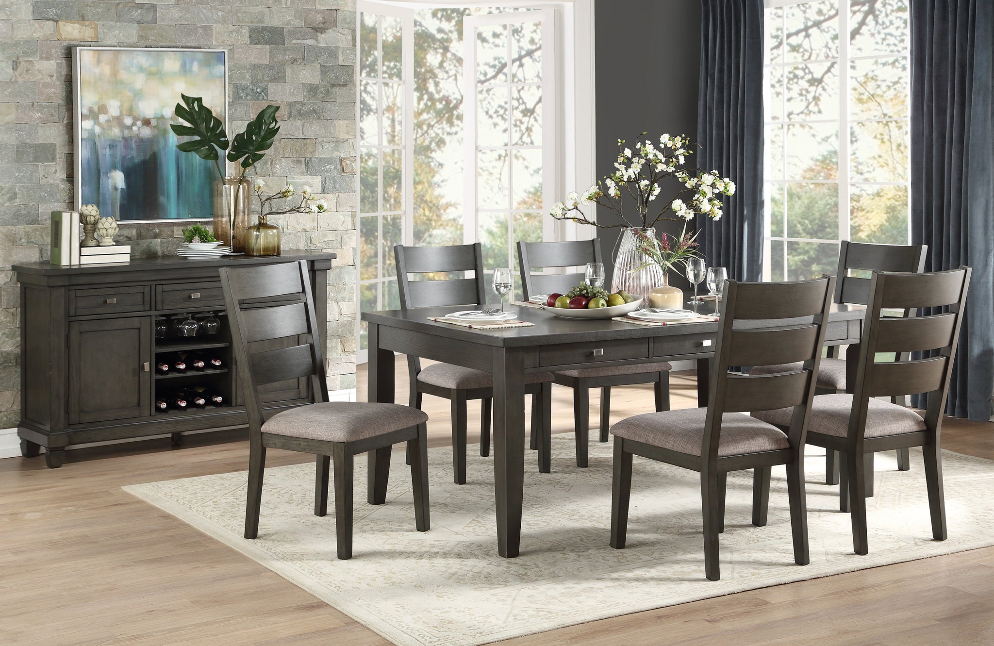 Gray Finish 7pc Dining Set Table with 6x Drawers and wood-wood-gray-seats 6-wood-dining