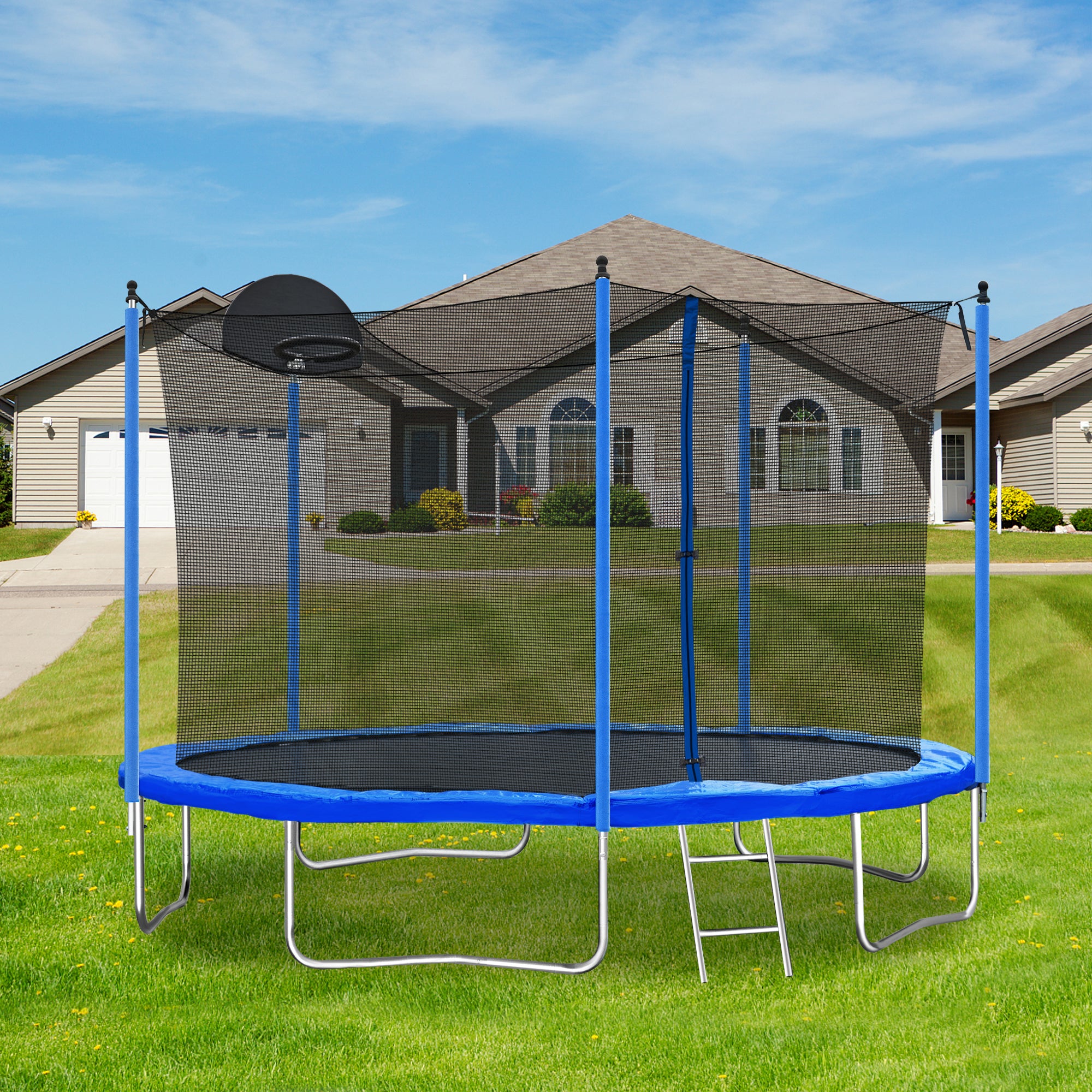 12FT Trampoline for Adults & Kids with Basketball blue-metal
