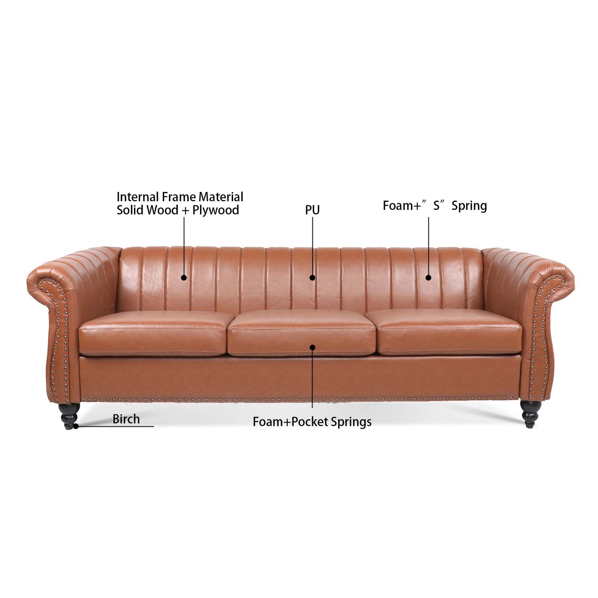 83.46" Brown Pu Rolled Arm Chesterfield Three Seater Sofa. Brown Pu