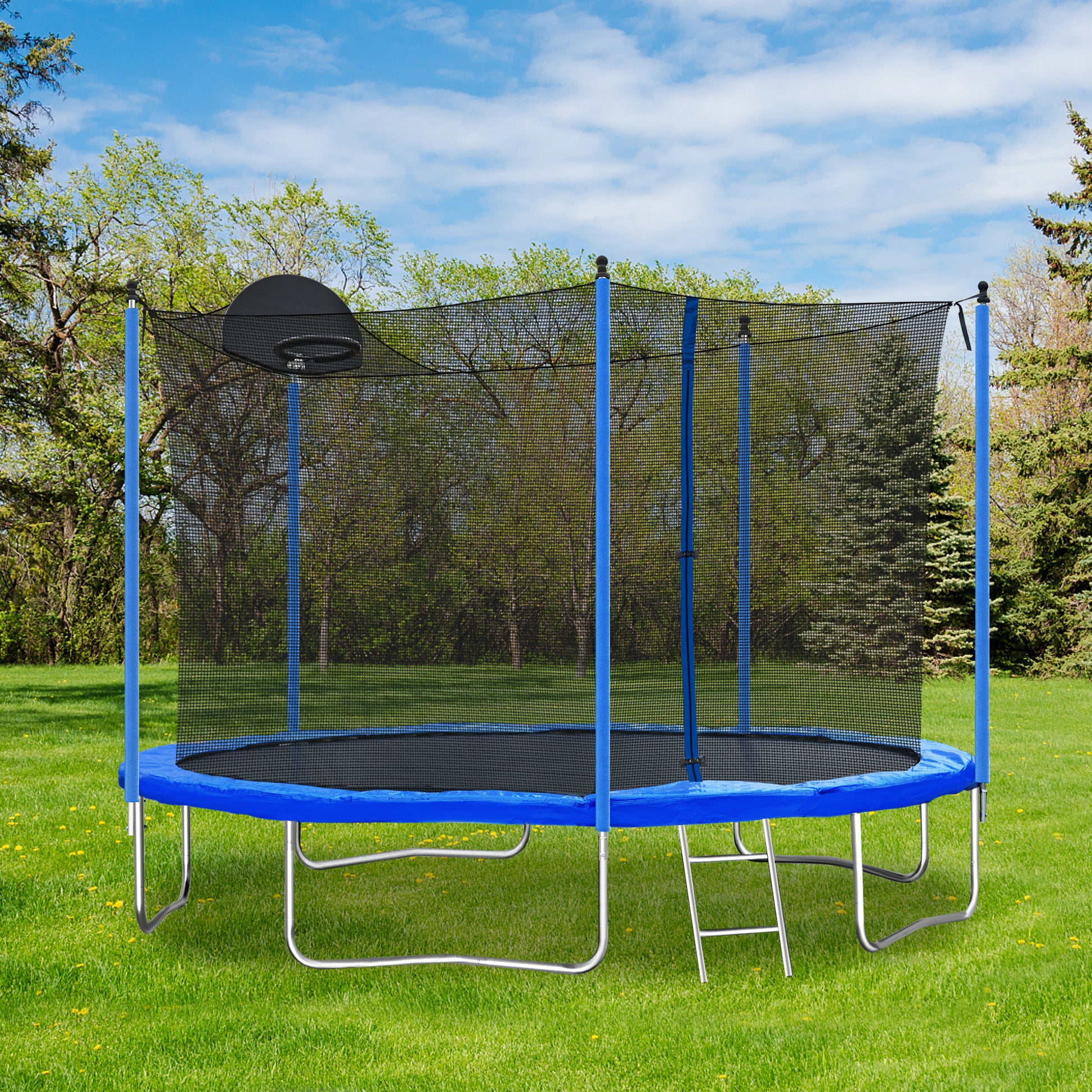 12Ft Trampoline For Adults & Kids With Basketball Hoop, Outdoor Trampolines W Ladder And Safety Enclosure Net For Kids And Adults Blue Metal