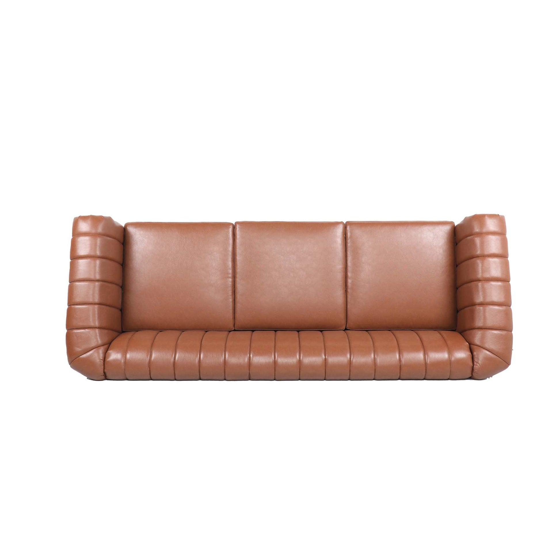 83.46" Brown Pu Rolled Arm Chesterfield Three Seater Sofa. Brown Pu
