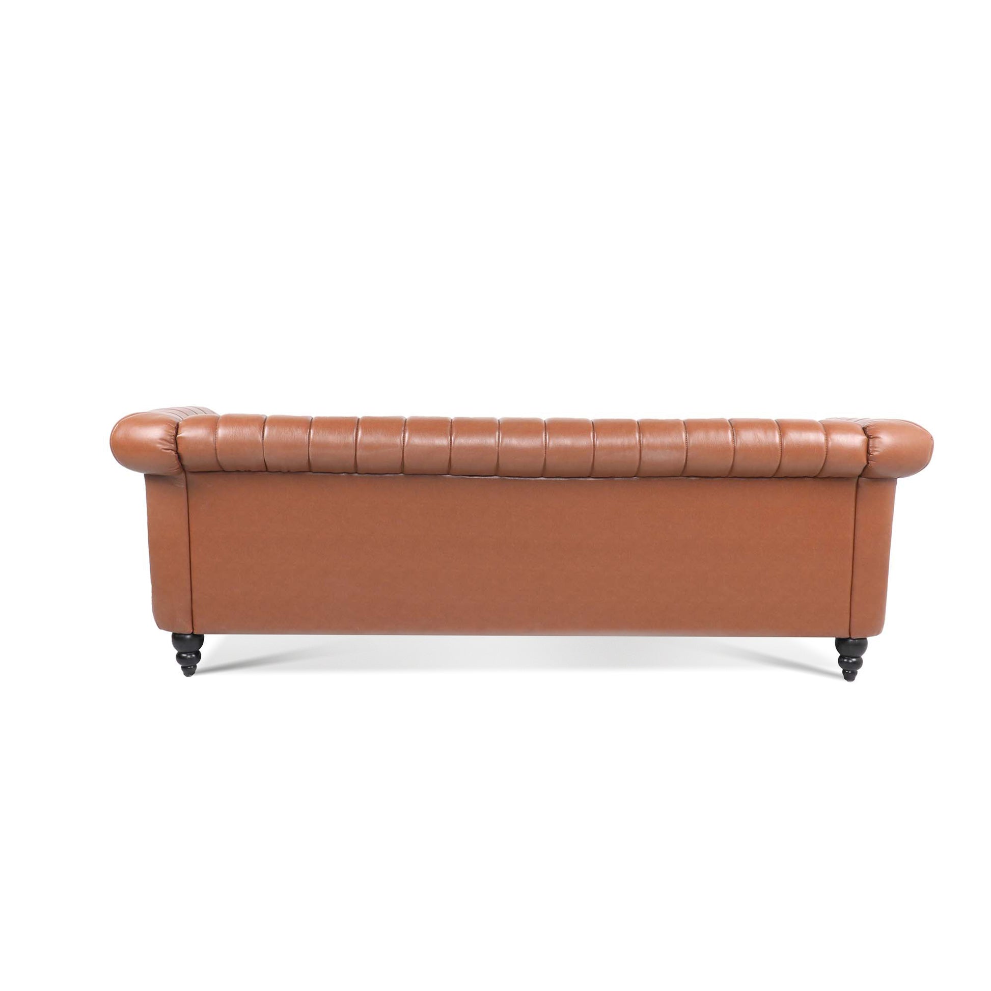83.46" Brown Pu Rolled Arm Chesterfield Three Seater Sofa. Brown Pu