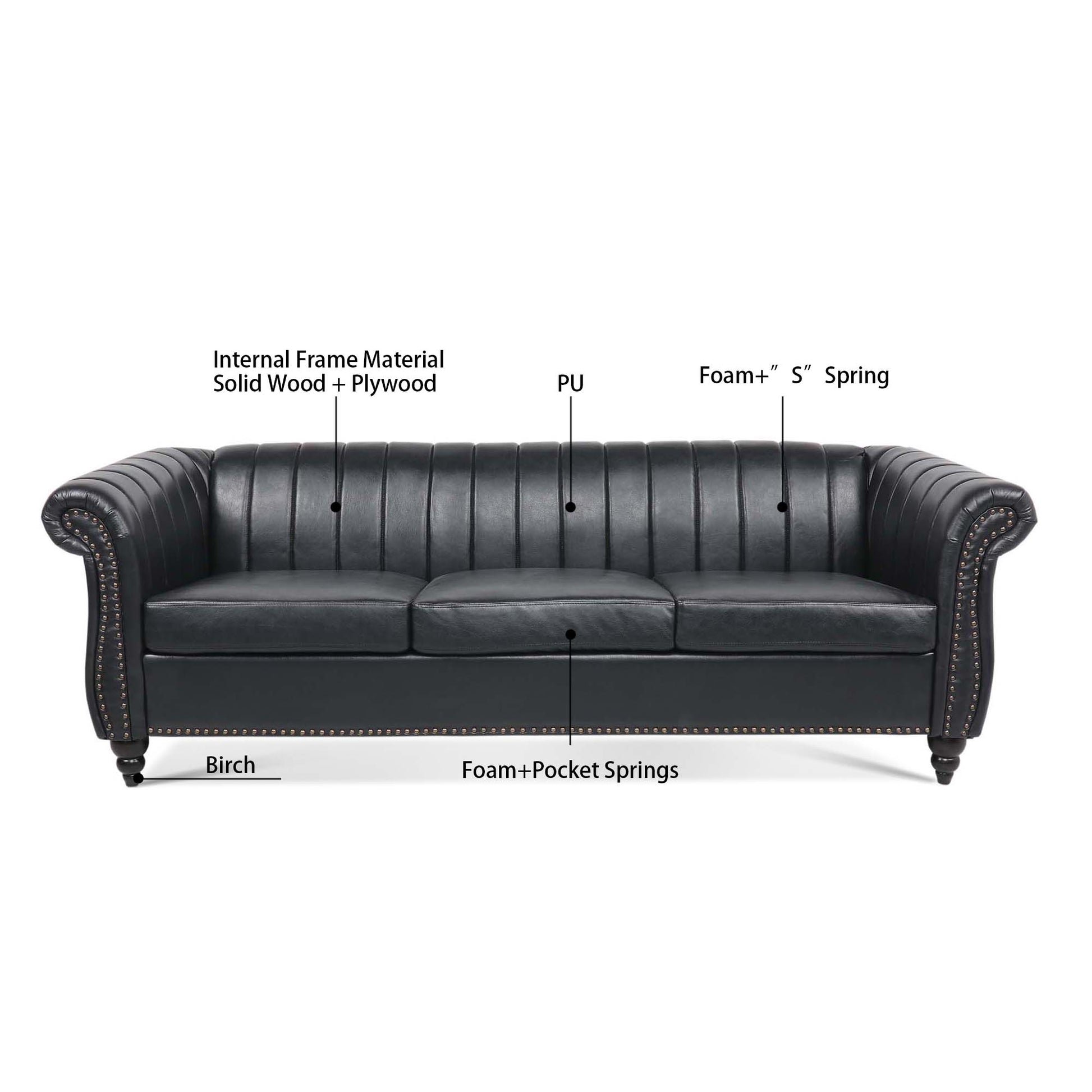 83.46'' Black Pu Rolled Arm Chesterfield Three Seater Sofa. Black Pu