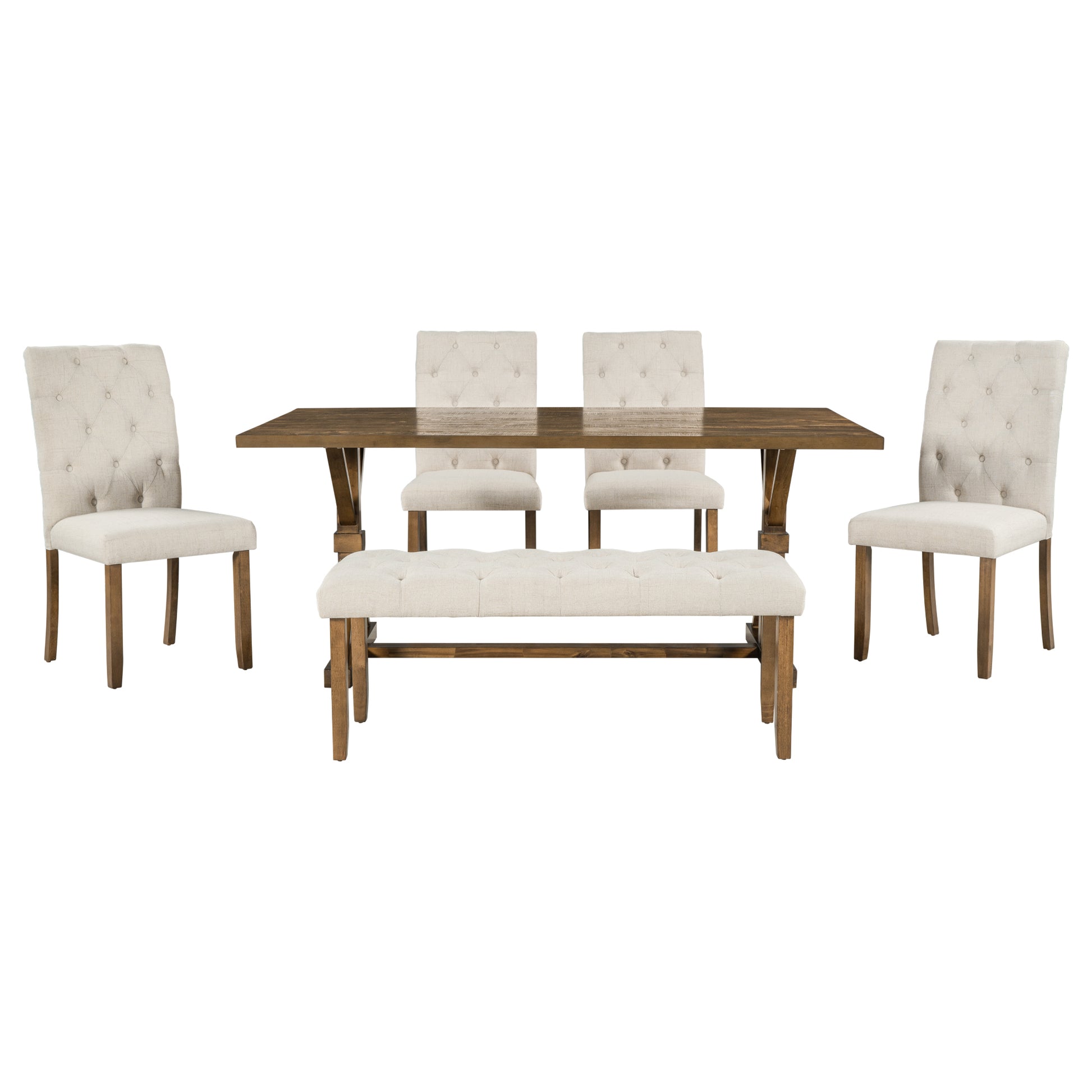 6 Piece Farmhouse Dining Table Set 72" Wood Rectangular Table, 4 Upholstered Chairs With Bench Walnut Walnut Solid Wood