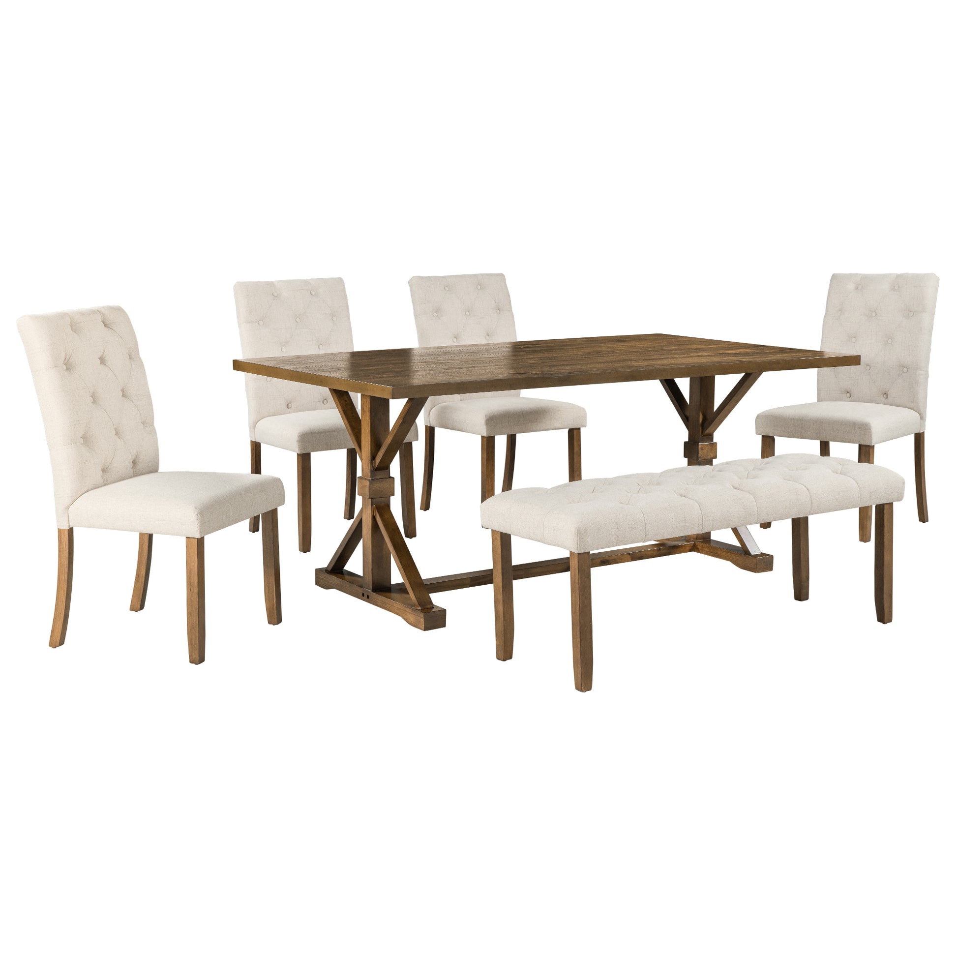 6 Piece Farmhouse Dining Table Set 72" Wood Rectangular Table, 4 Upholstered Chairs With Bench Walnut Walnut Solid Wood