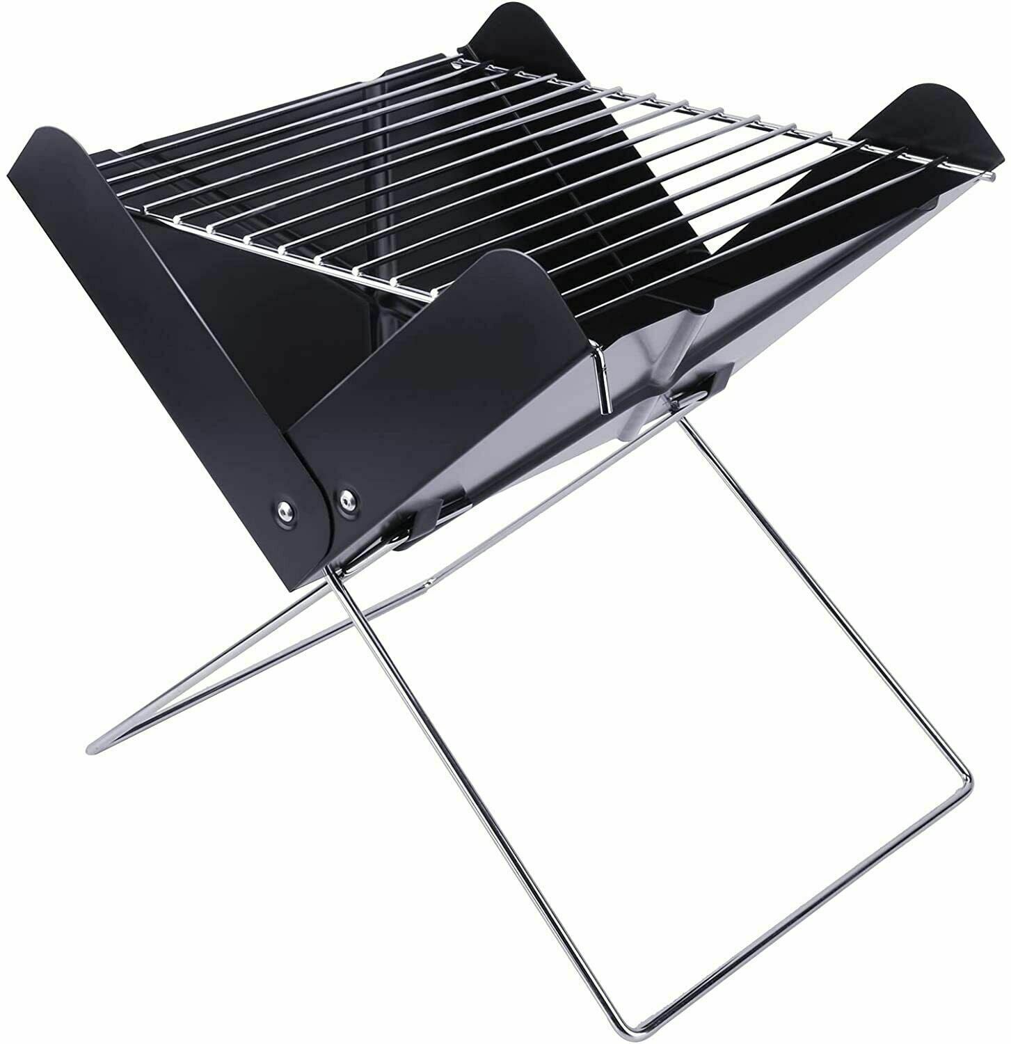 Yssoa 12 Portable Grill Charcoal Barbecue Grill Folding Grill Notebook Shape Charcoal Grill, Detachable Collapsible, Mini Tabletop Camping Grill Bbq, Black Black Steel