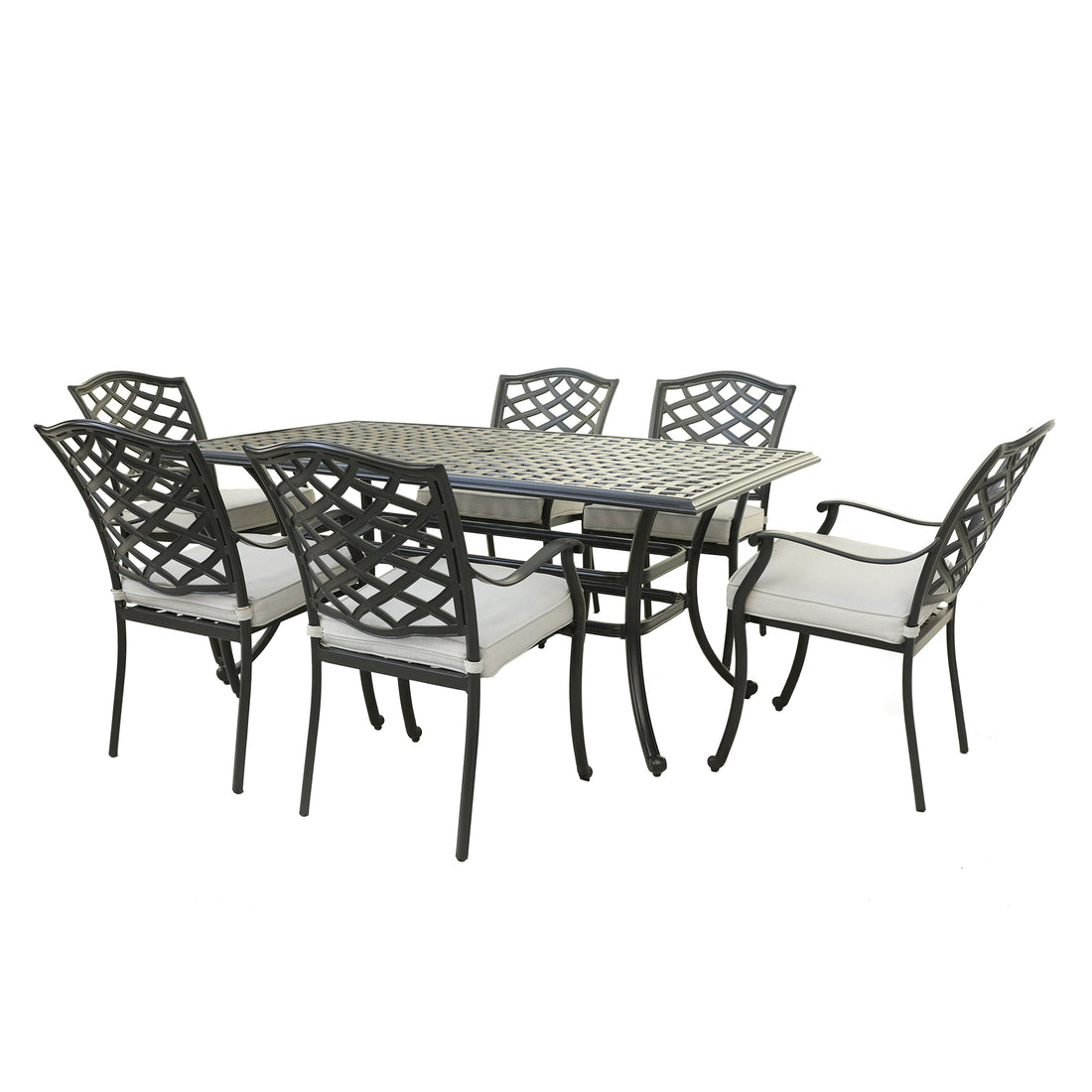 Aluminum 7 Piece Rectangular Dining Set With 6 Arm Chairs, Cast Silver Brown Ivory Polyester Aluminum