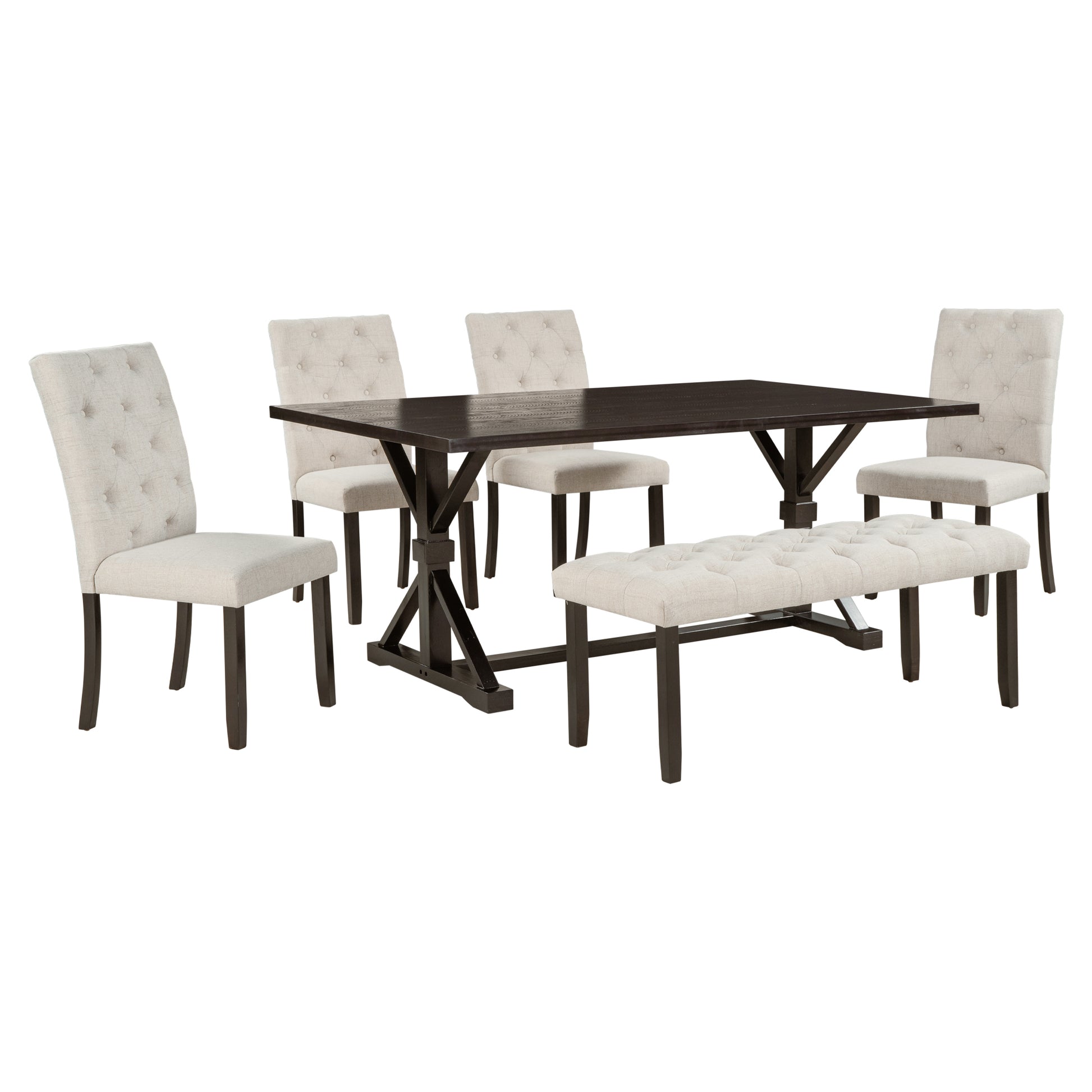 6 Piece Farmhouse Dining Table Set 72" Wood Rectangular Table, 4 Upholstered Chairs With Bench Espresso Espresso Solid Wood