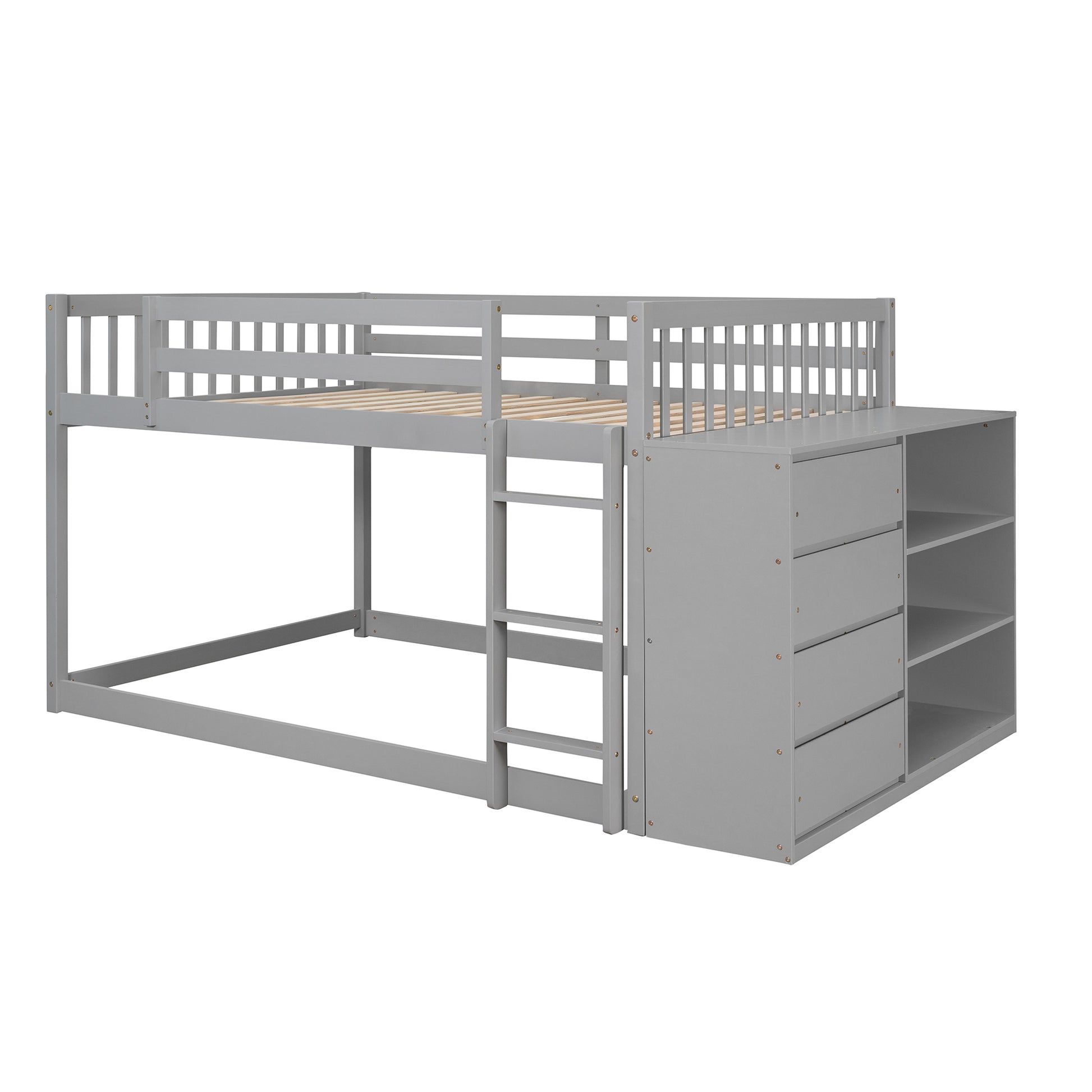 Full Over Full Bunk Bed With 4 Drawers And 3 Shelves Gray Gray Solid Wood