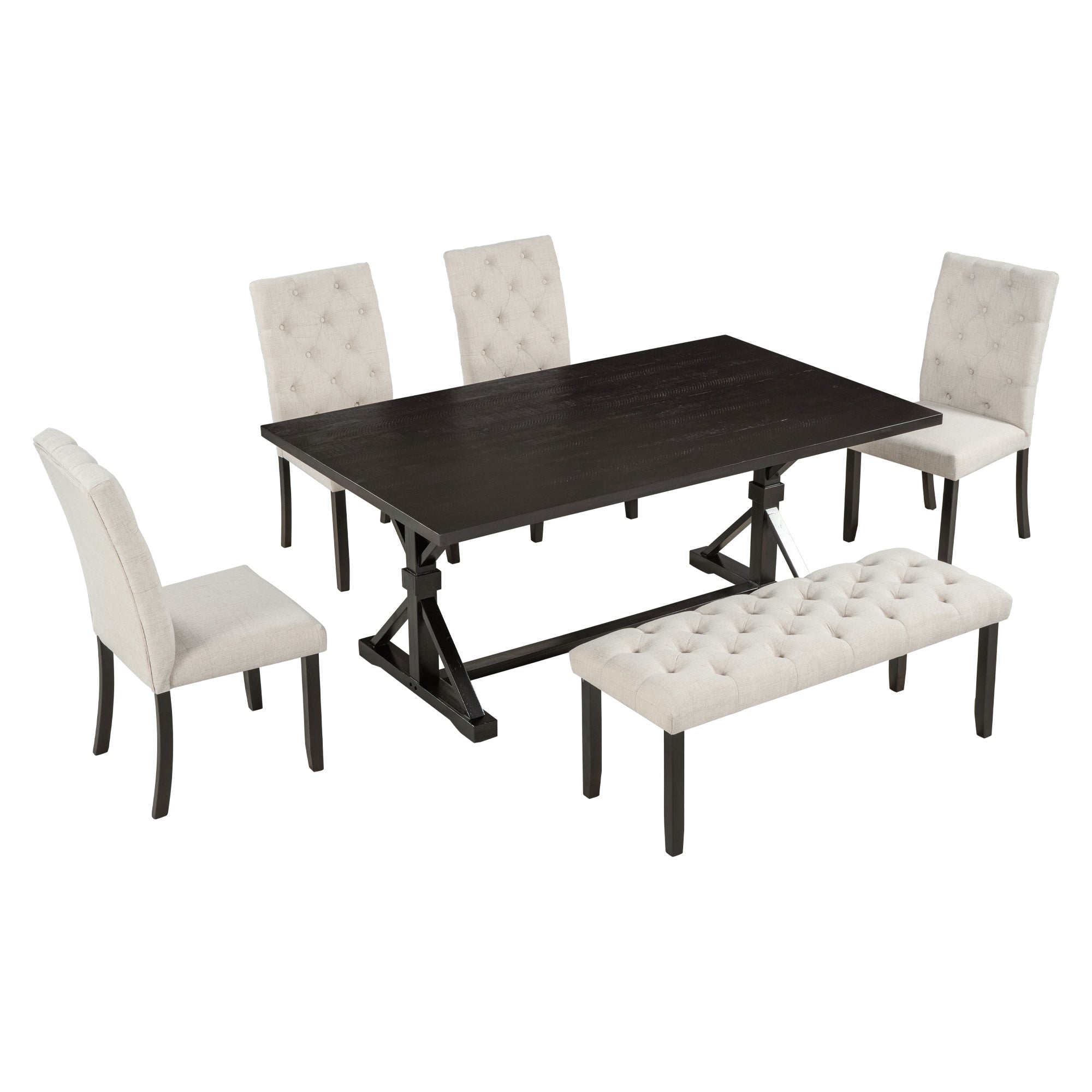 6 Piece Farmhouse Dining Table Set 72" Wood Rectangular Table, 4 Upholstered Chairs With Bench Espresso Espresso Solid Wood