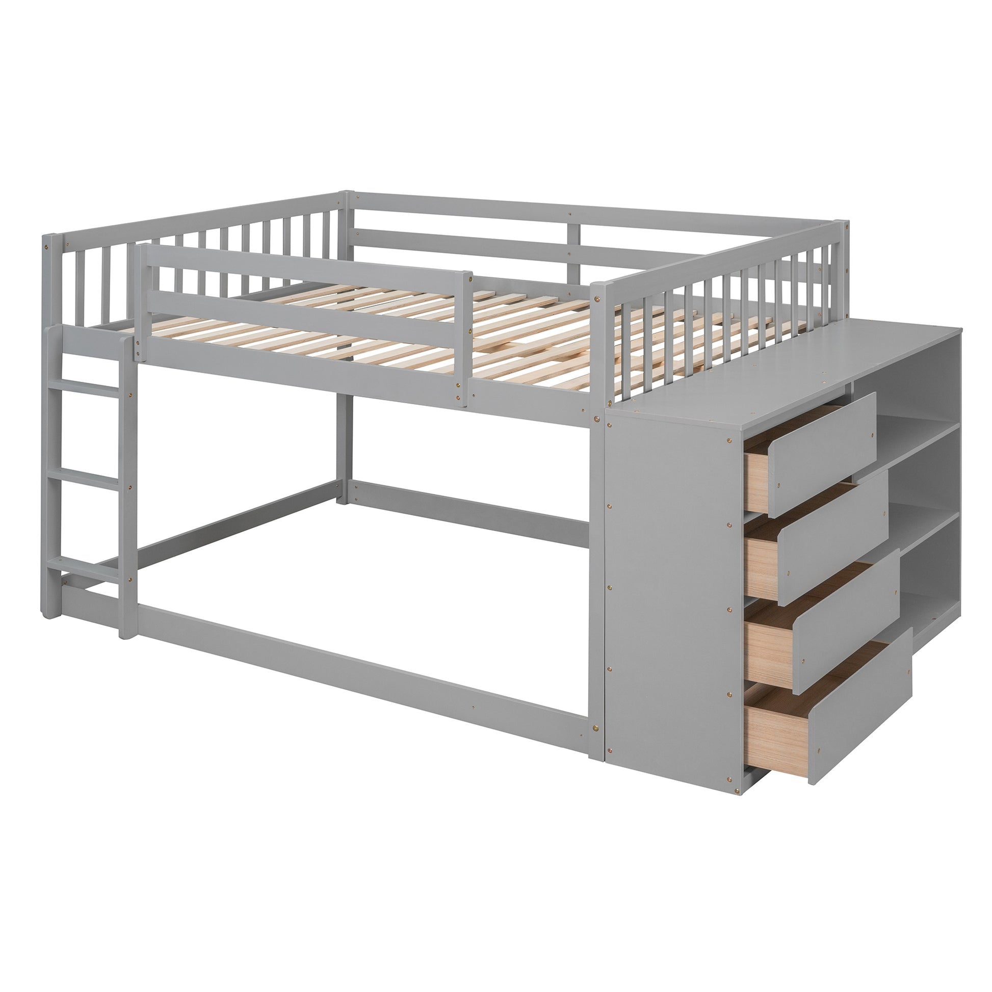 Full Over Full Bunk Bed With 4 Drawers And 3 Shelves Gray Gray Solid Wood