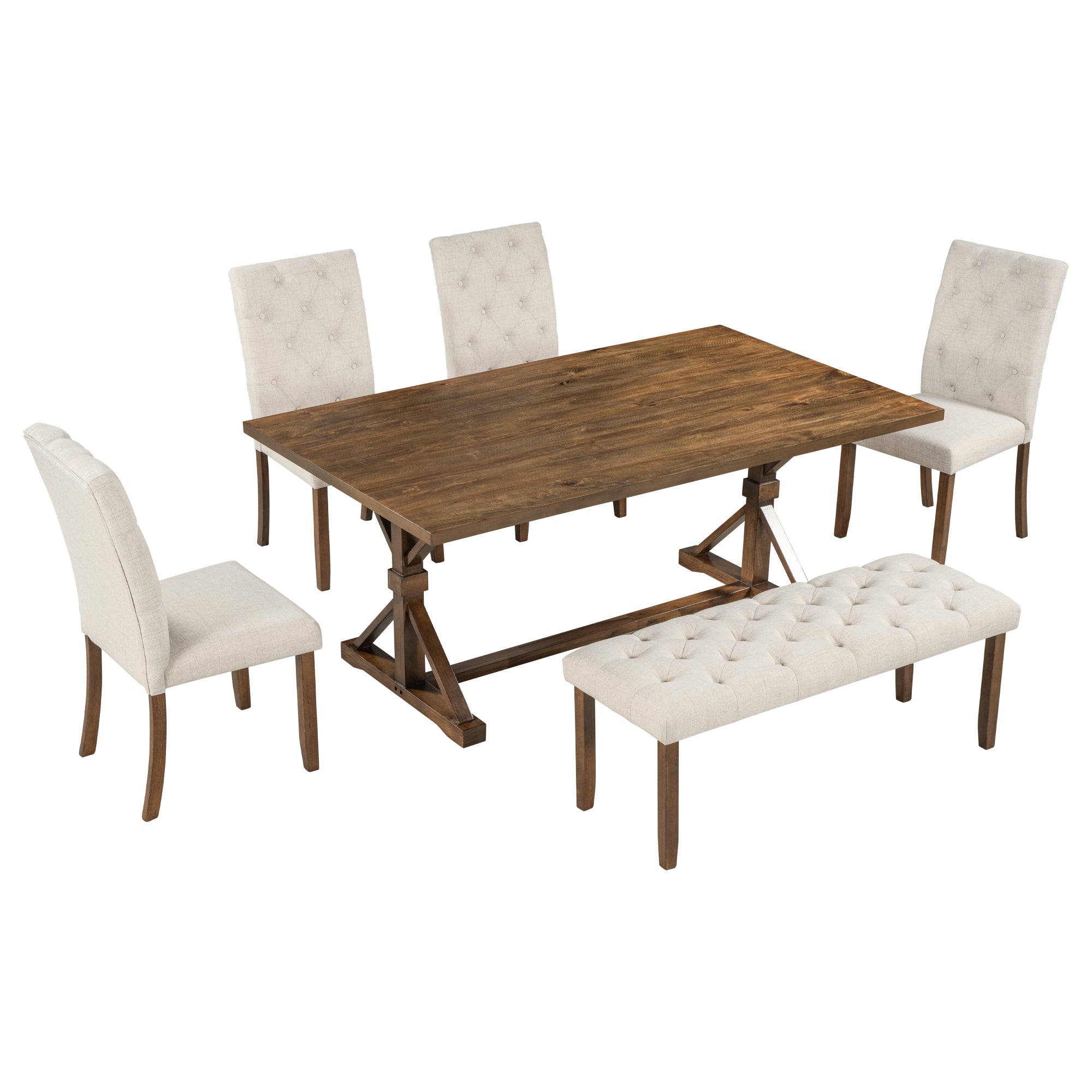 6 Piece Farmhouse Dining Table Set 72" Wood Rectangular Table, 4 Upholstered Chairs With Bench Walnut Walnut Solid Wood