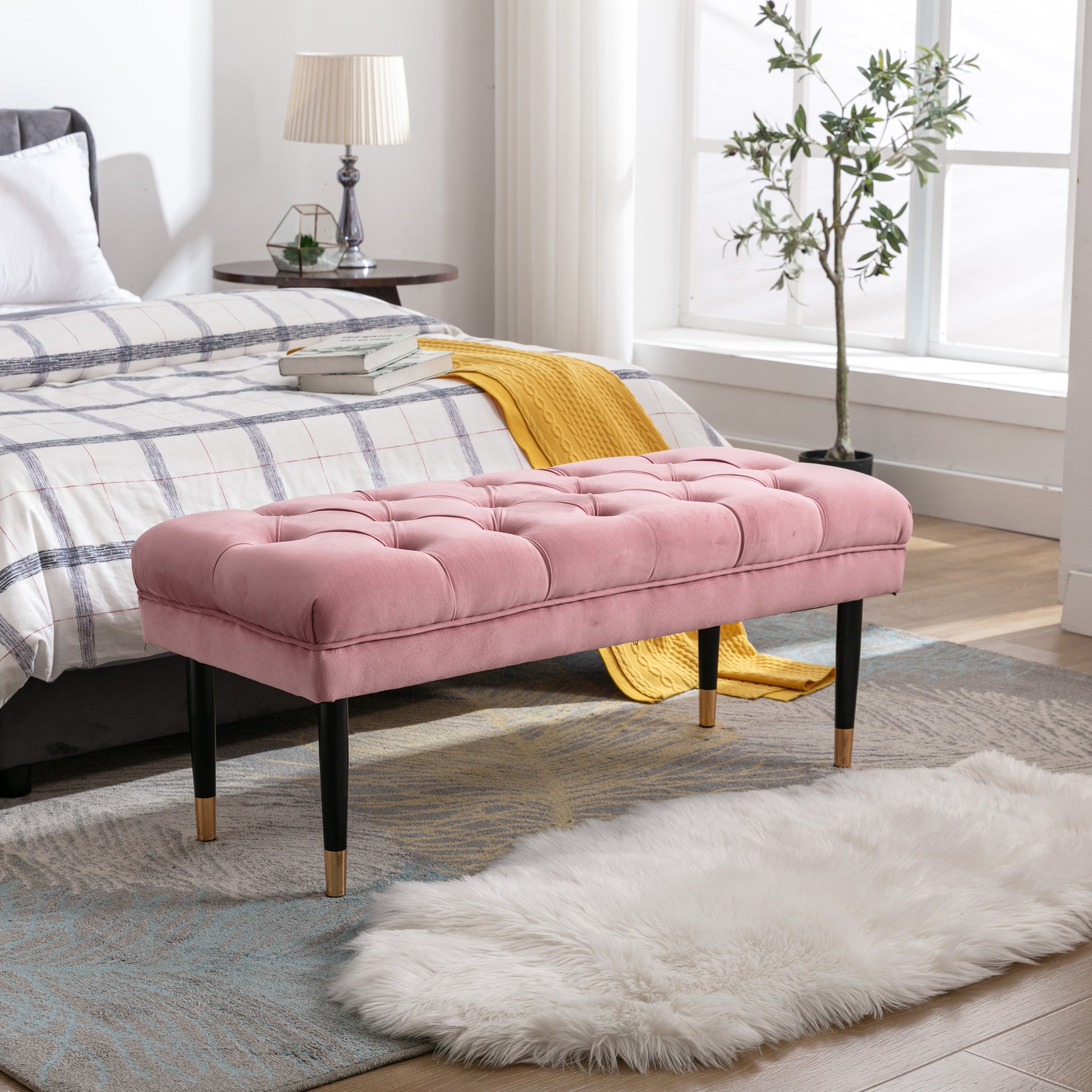 Tufted Bench Modern Velvet Button Upholstered Ottoman Enches Bedroom Rectangle Fabric Footstool With Metal Legs For Living Room Entryway,Pink Pink Foam Fabric